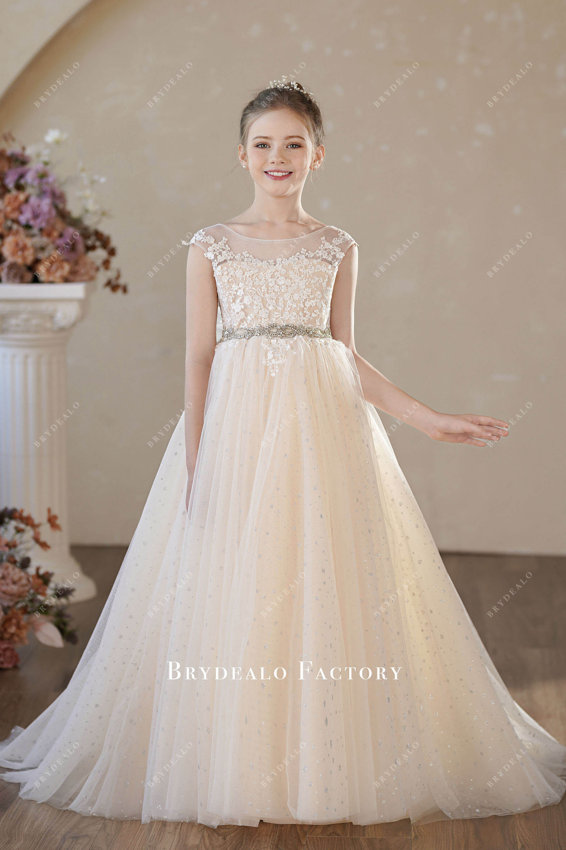 champagne shimmery puffy Aline flower girl dress