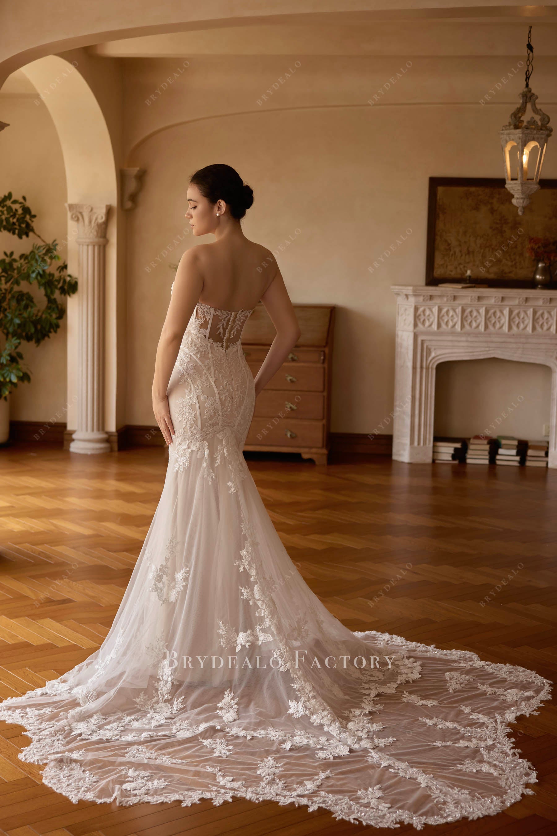 chapel cutout train lace wedding dress