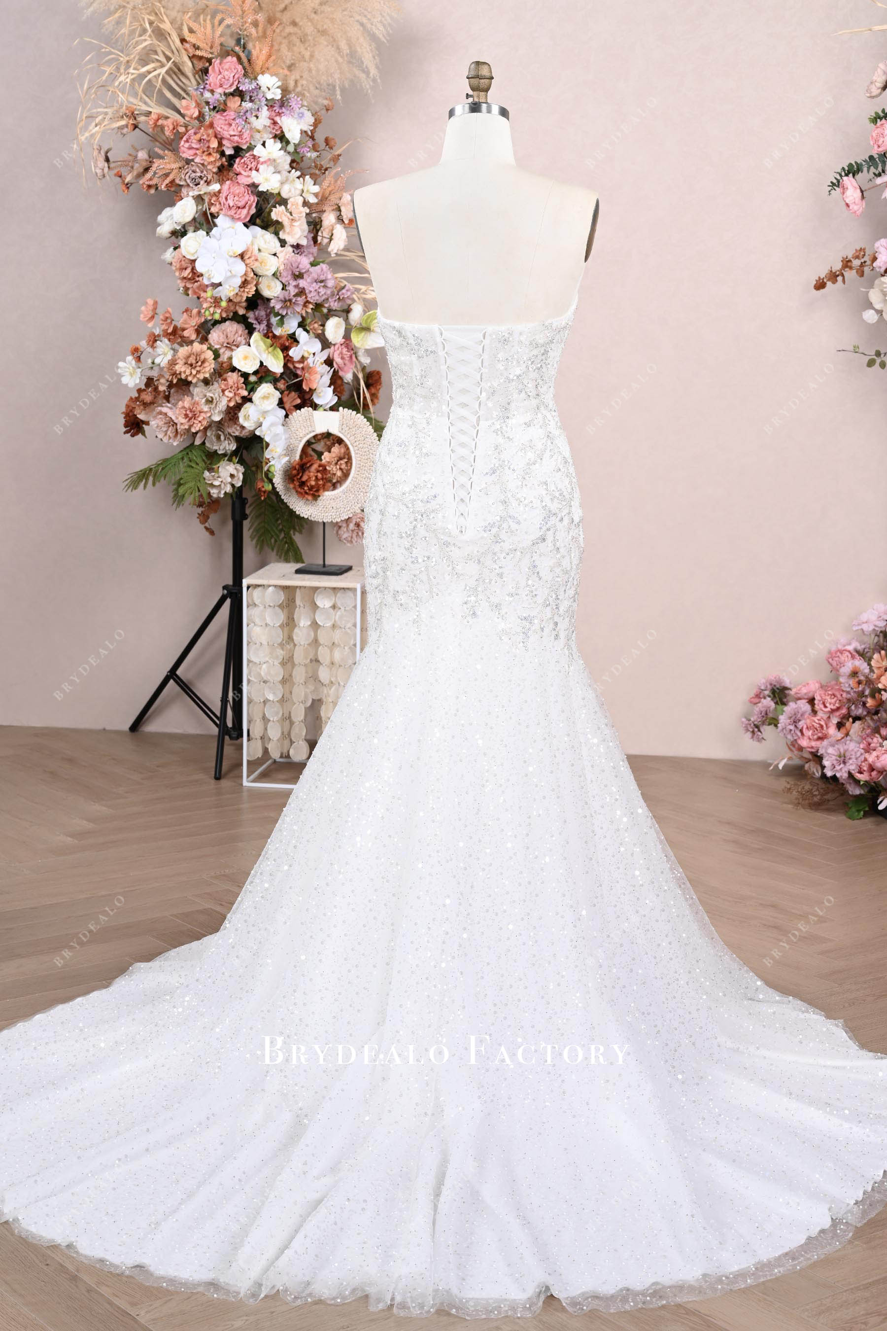 chapel glitter lace mermaid bridal gown