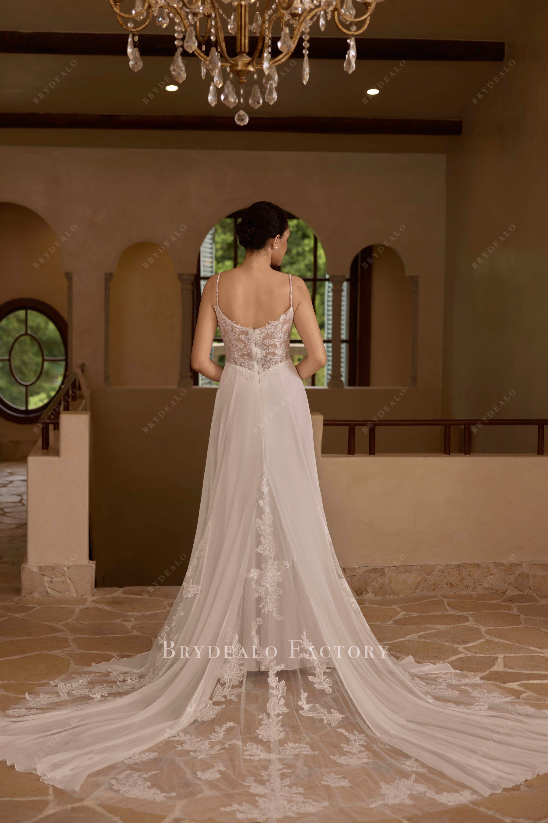 chapel length sheer godet train wedding dress