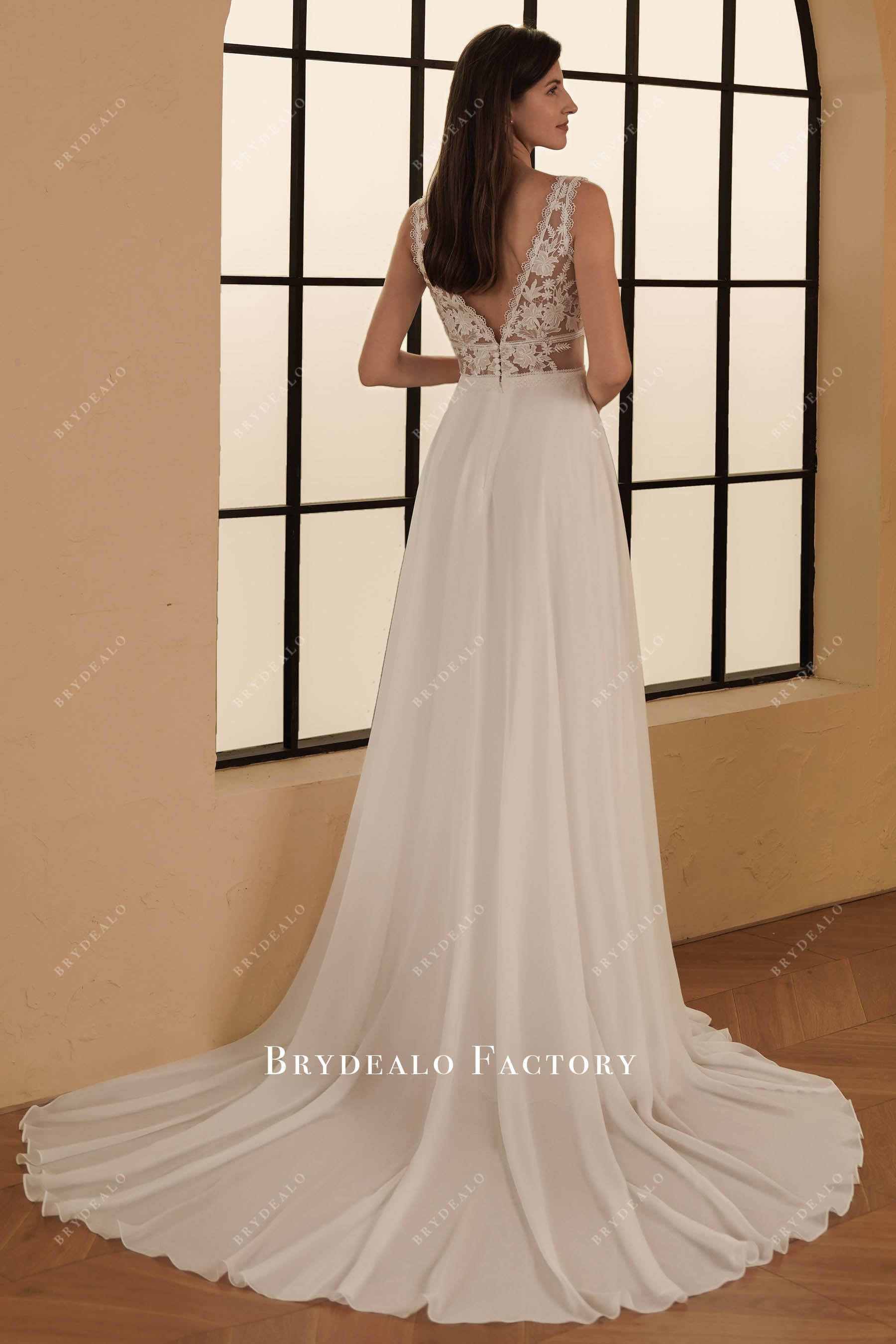 chapel long chiffon beach wedding dress