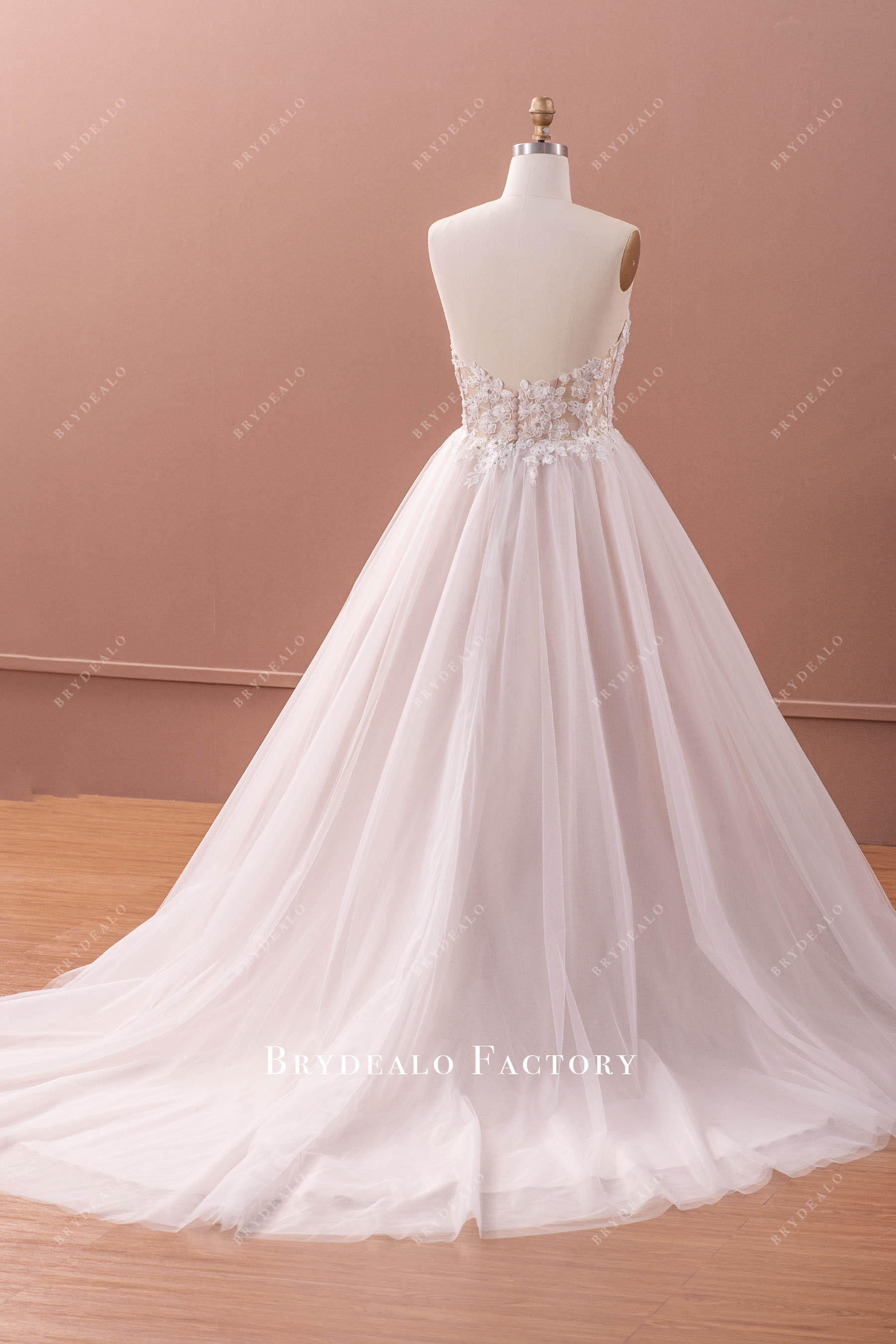 chapel long lace tulle bridal gown