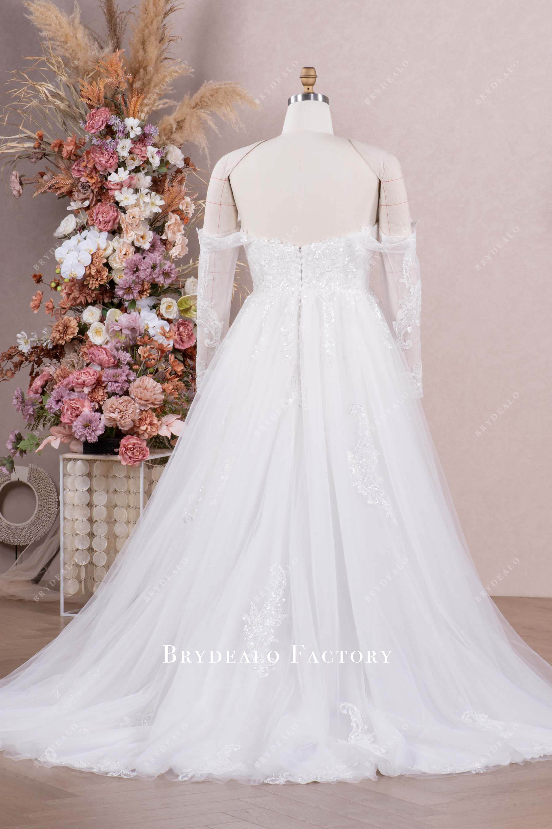 chapel train beaded lace tulle wedding dress