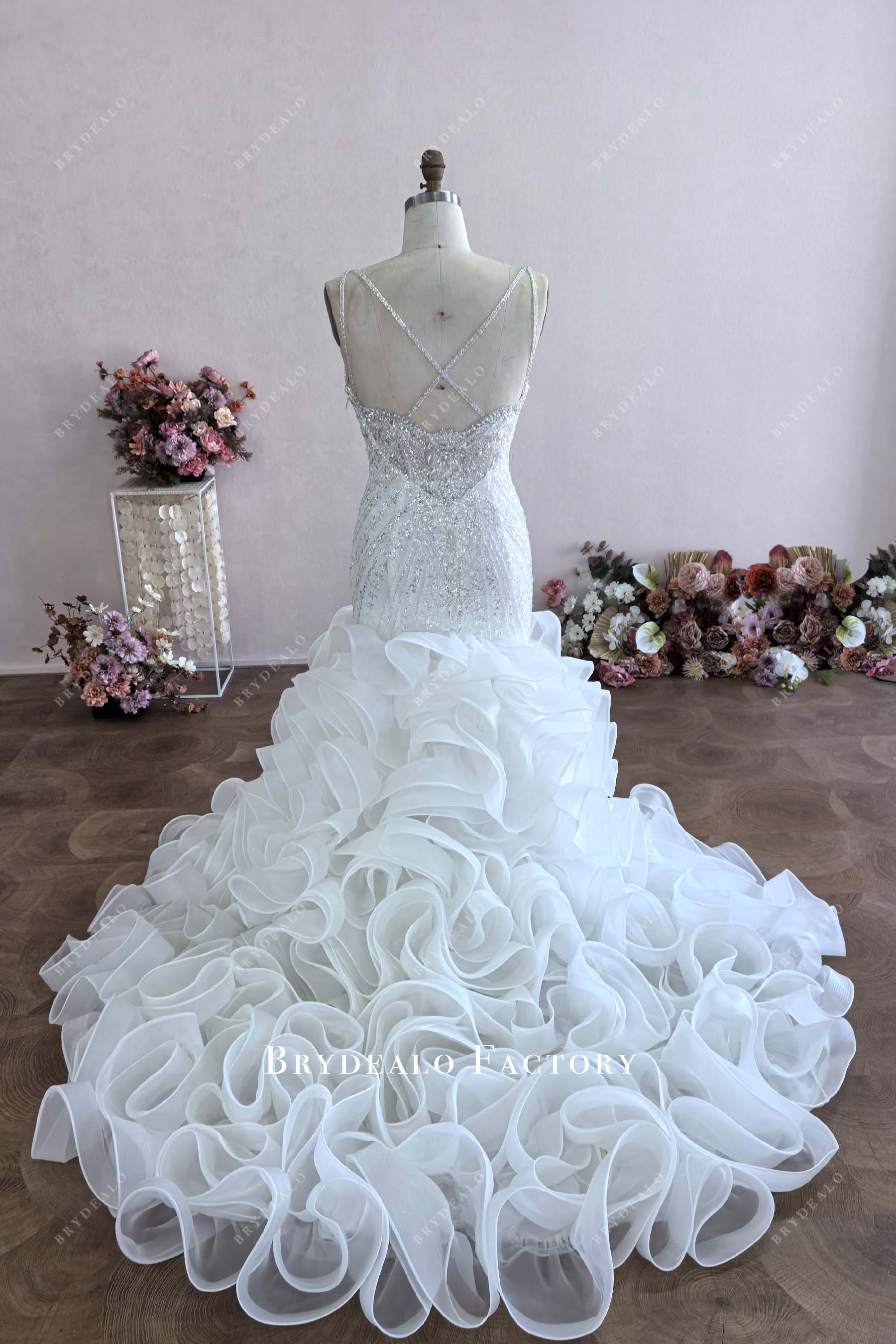chapel train organza trumpet wedding dress