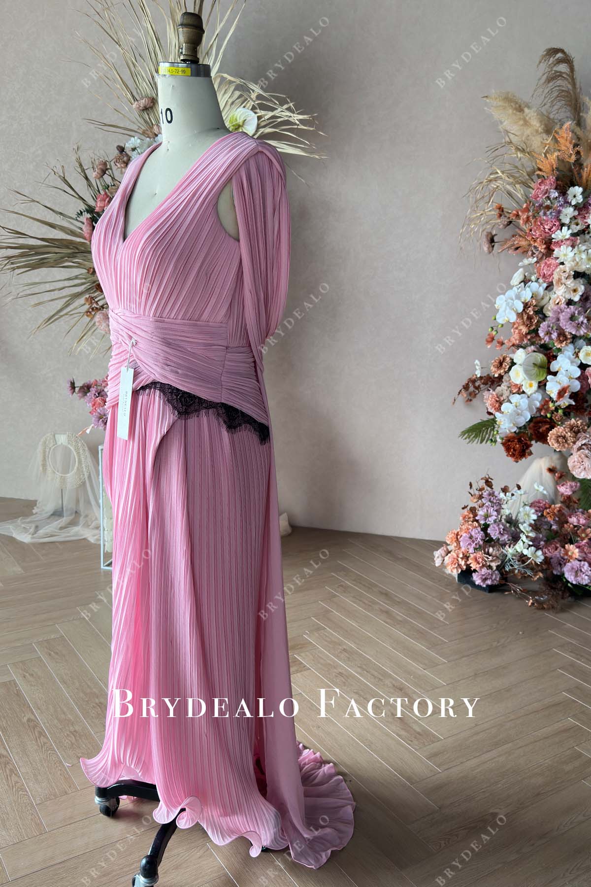 Custom Pleated Chiffon Crepe Long Dress with Detachble Cape