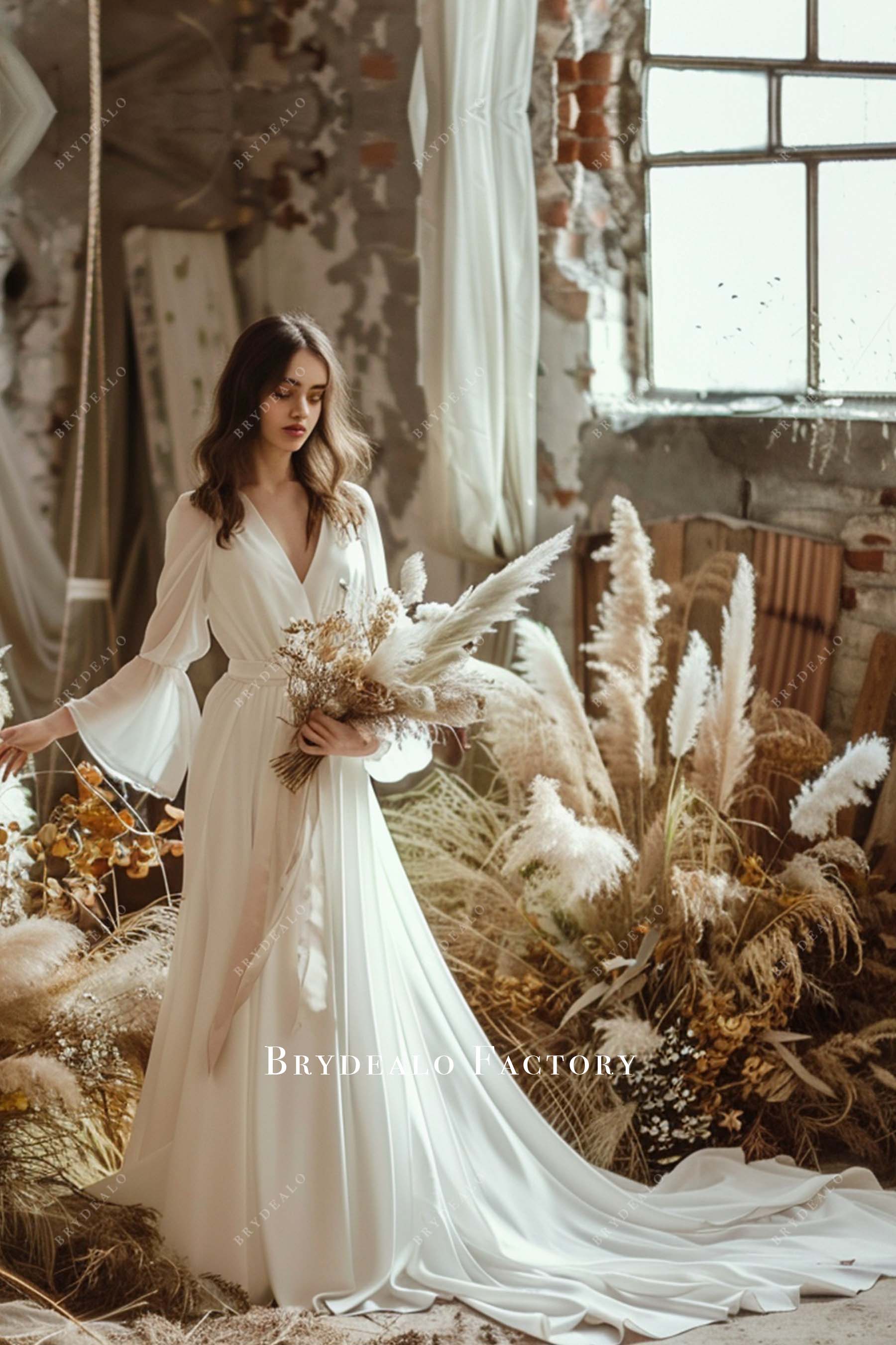 Elegant Bell Sleeve Wrapped  Chiffon V-neck Boho Wedding Dress