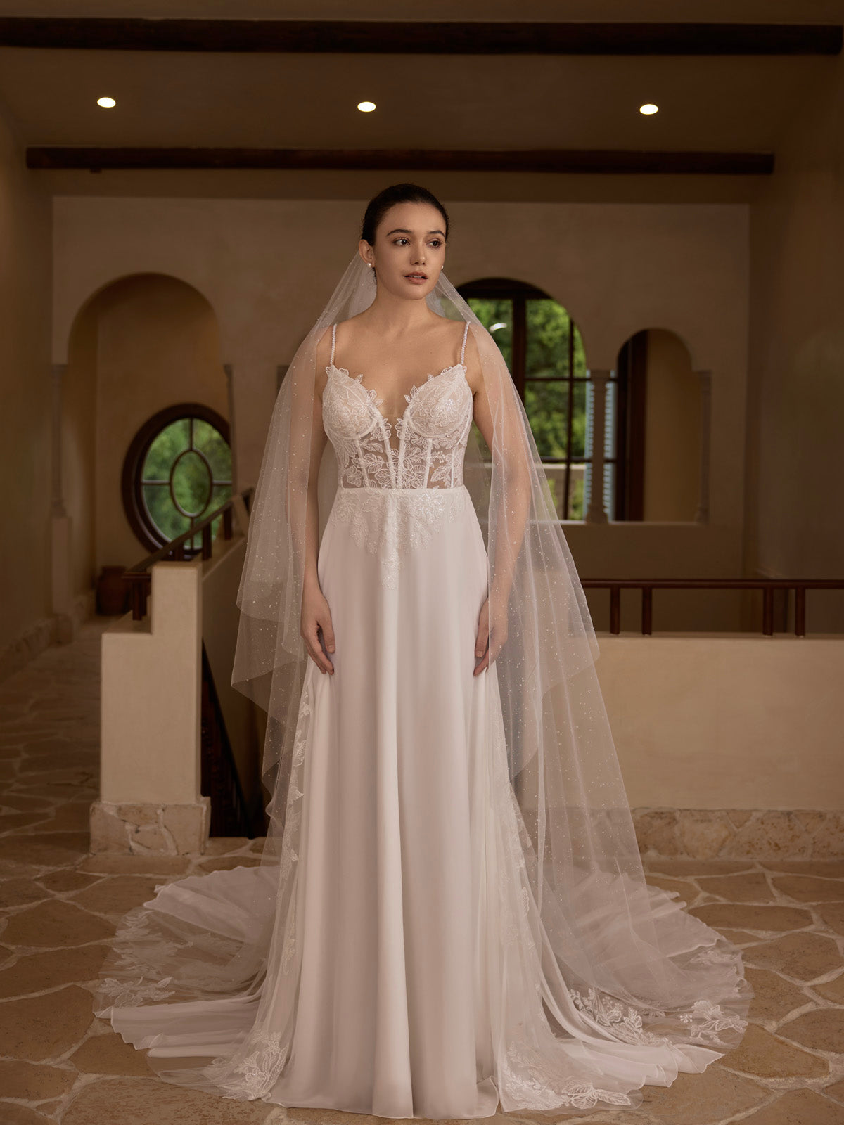 clear sequin lace chiffon wedding dress