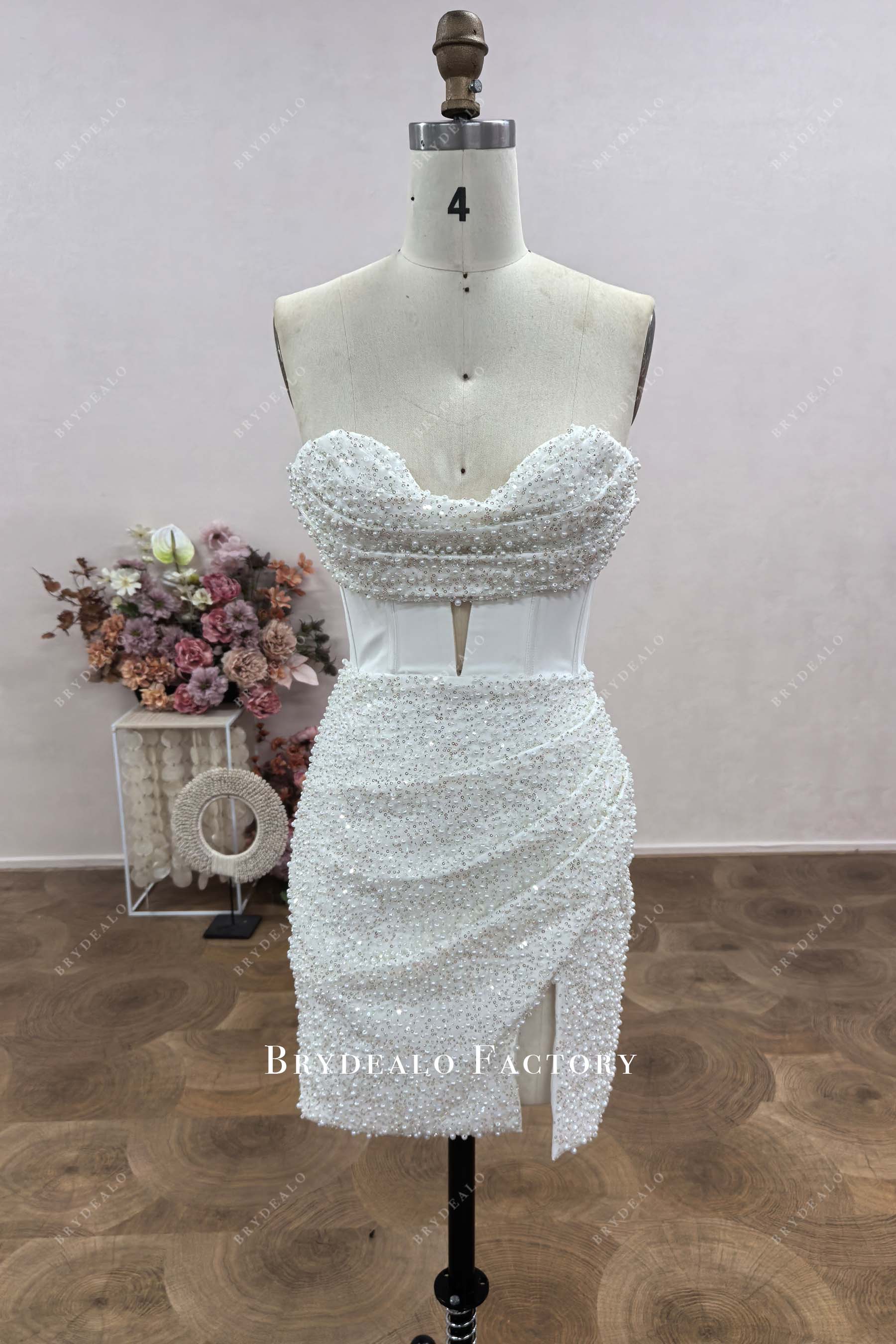 Custom Cocktail Length Pearl Sequined Corset Dress