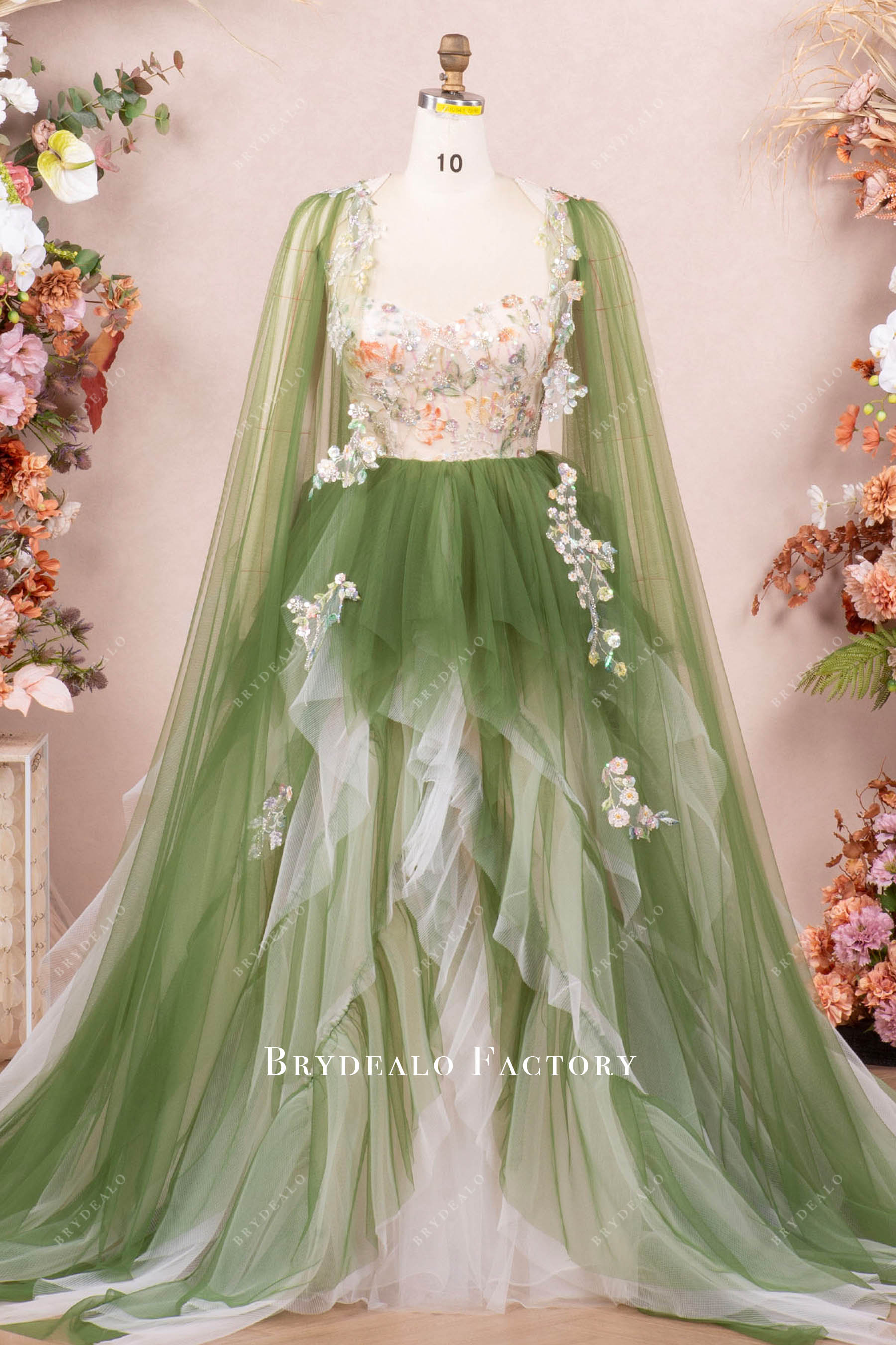 colored sweetheart ruffled bridal gown