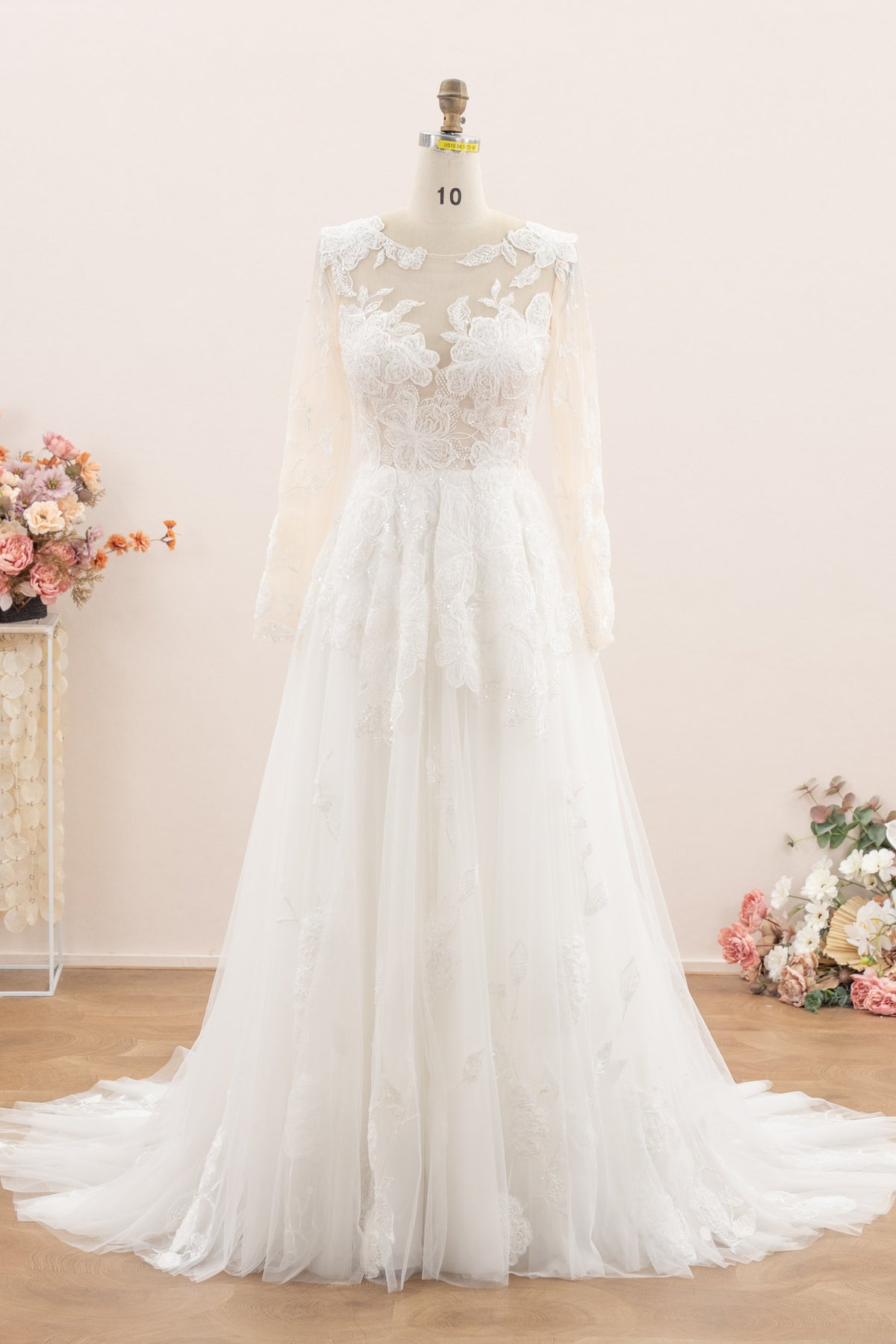 corded flower lace long wedding dress