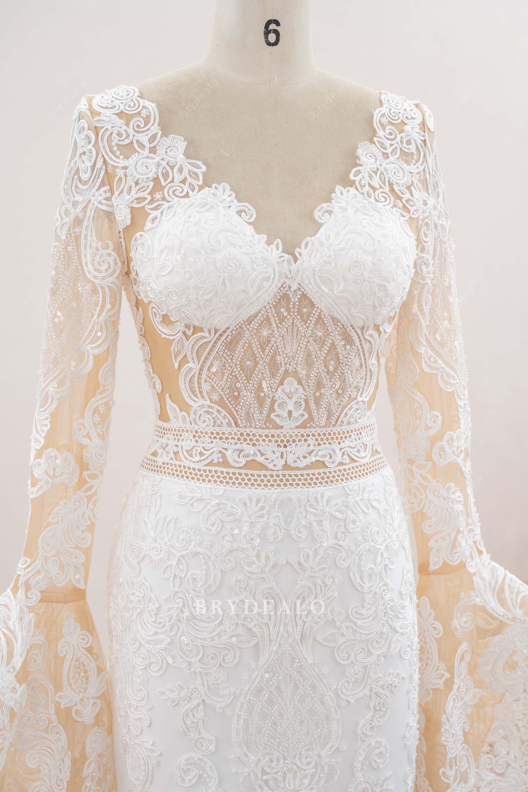 Boho Beaded Lace Bell Sleeves Fit and Flare Wedding Gown Boho Beaded Lace Bell Sleeves Fit and Flare Wedding Gown