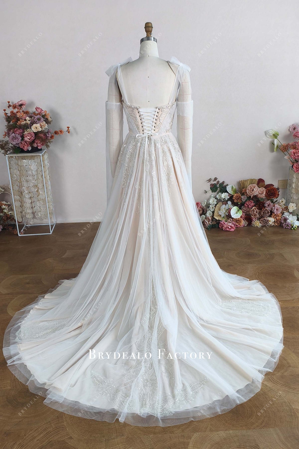 corset  back chapel train champagne wedding dress