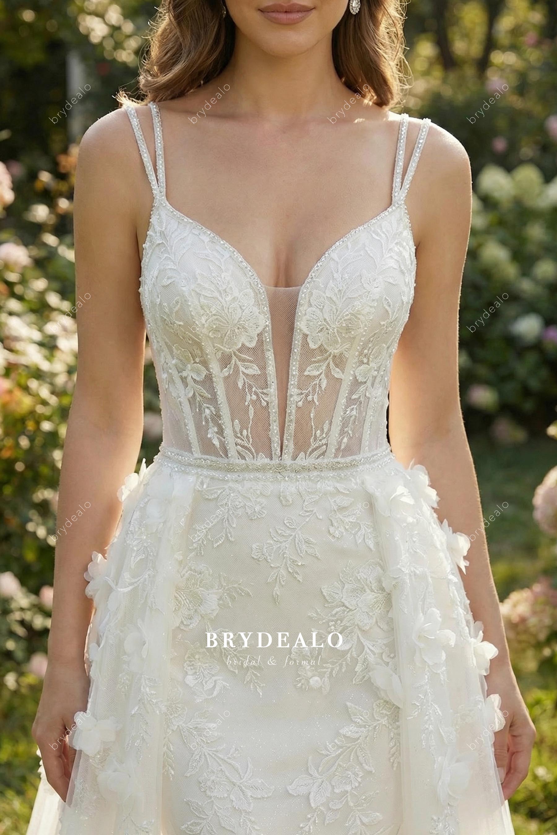 corset plunging neck lace wedding dress
