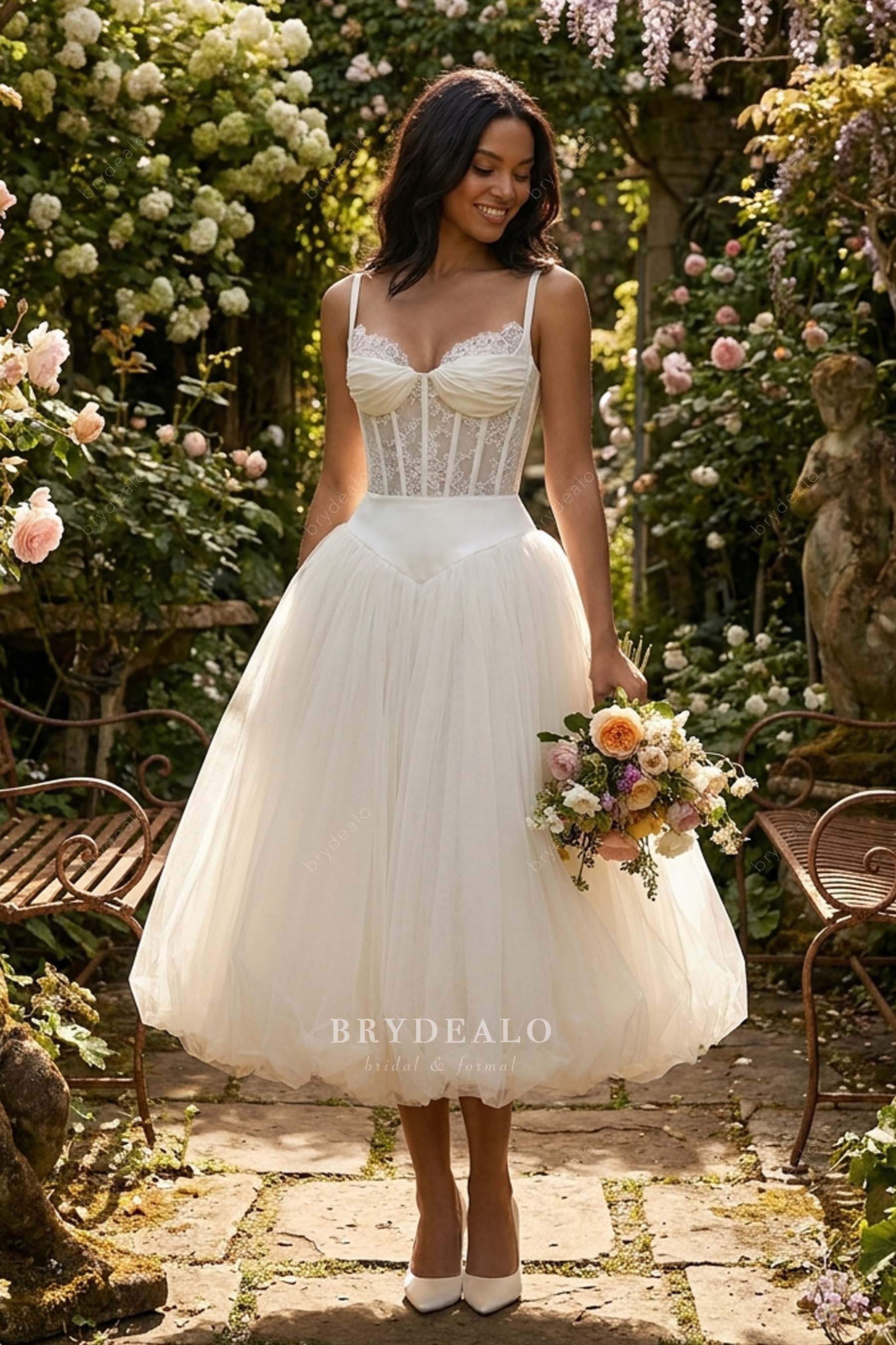 corset tea-length lace tulle wedding dress