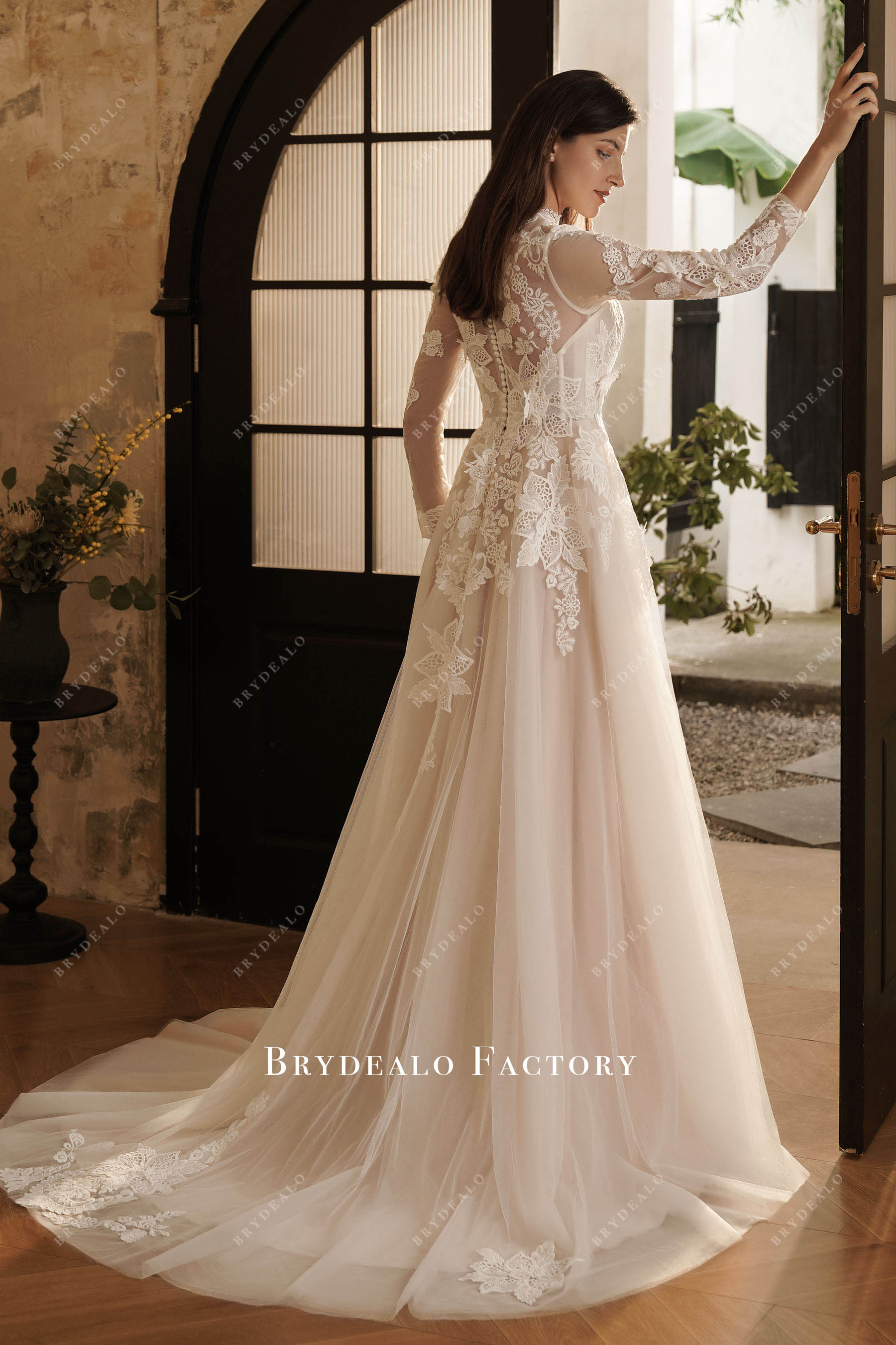 court train boho lace wedding dress