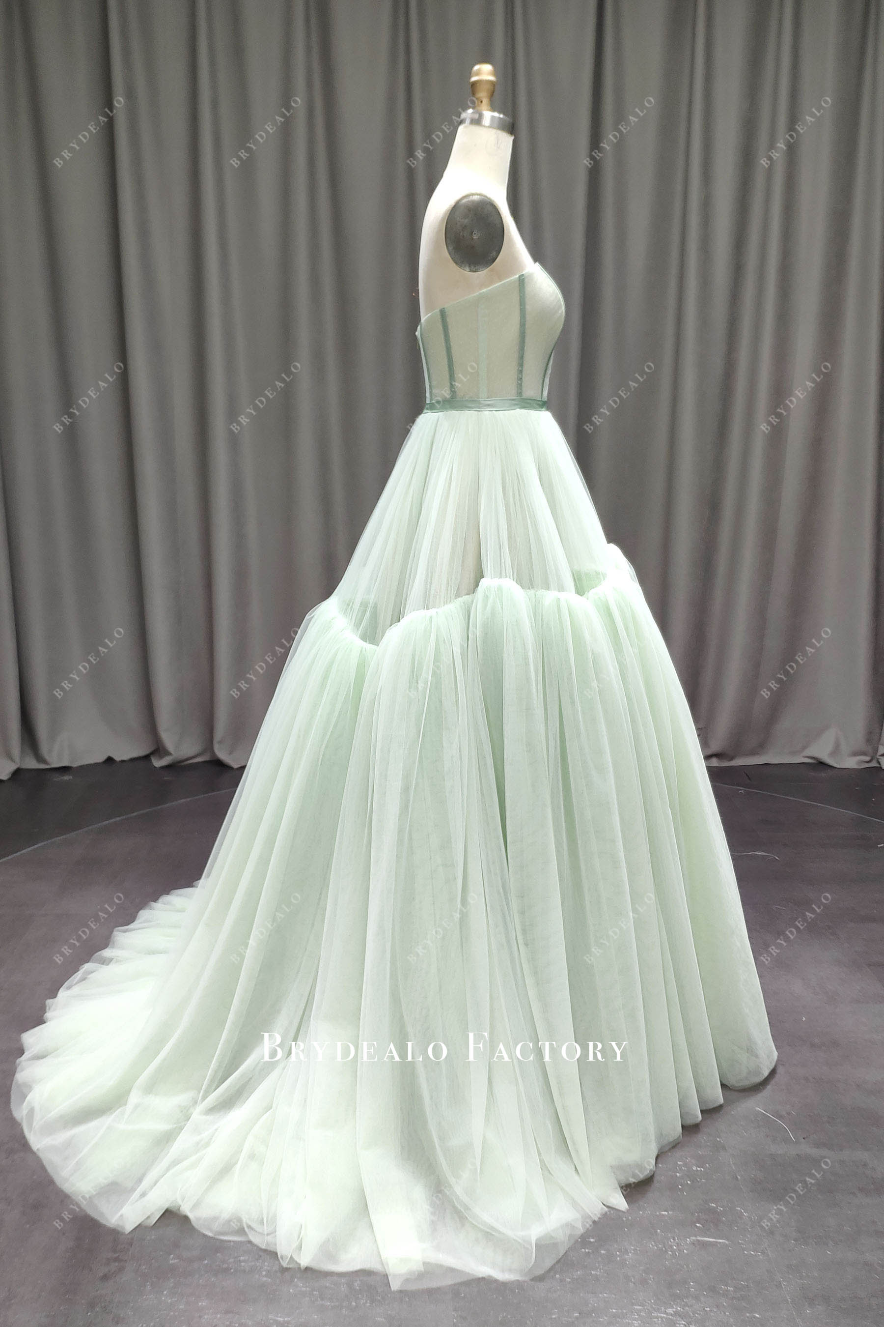 court train tiered pleated tulle wedding dress