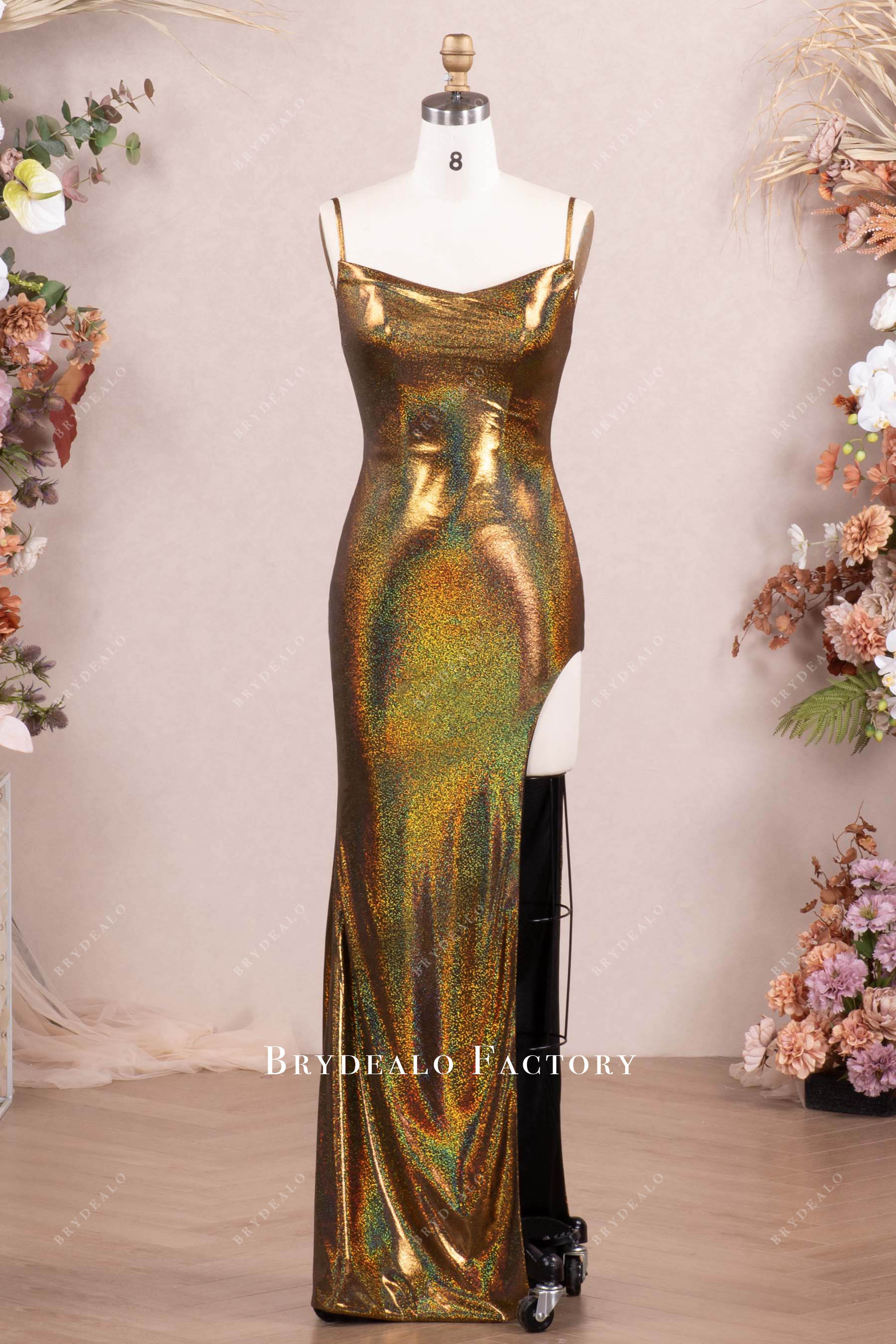 cowl neck gold slit evening dress