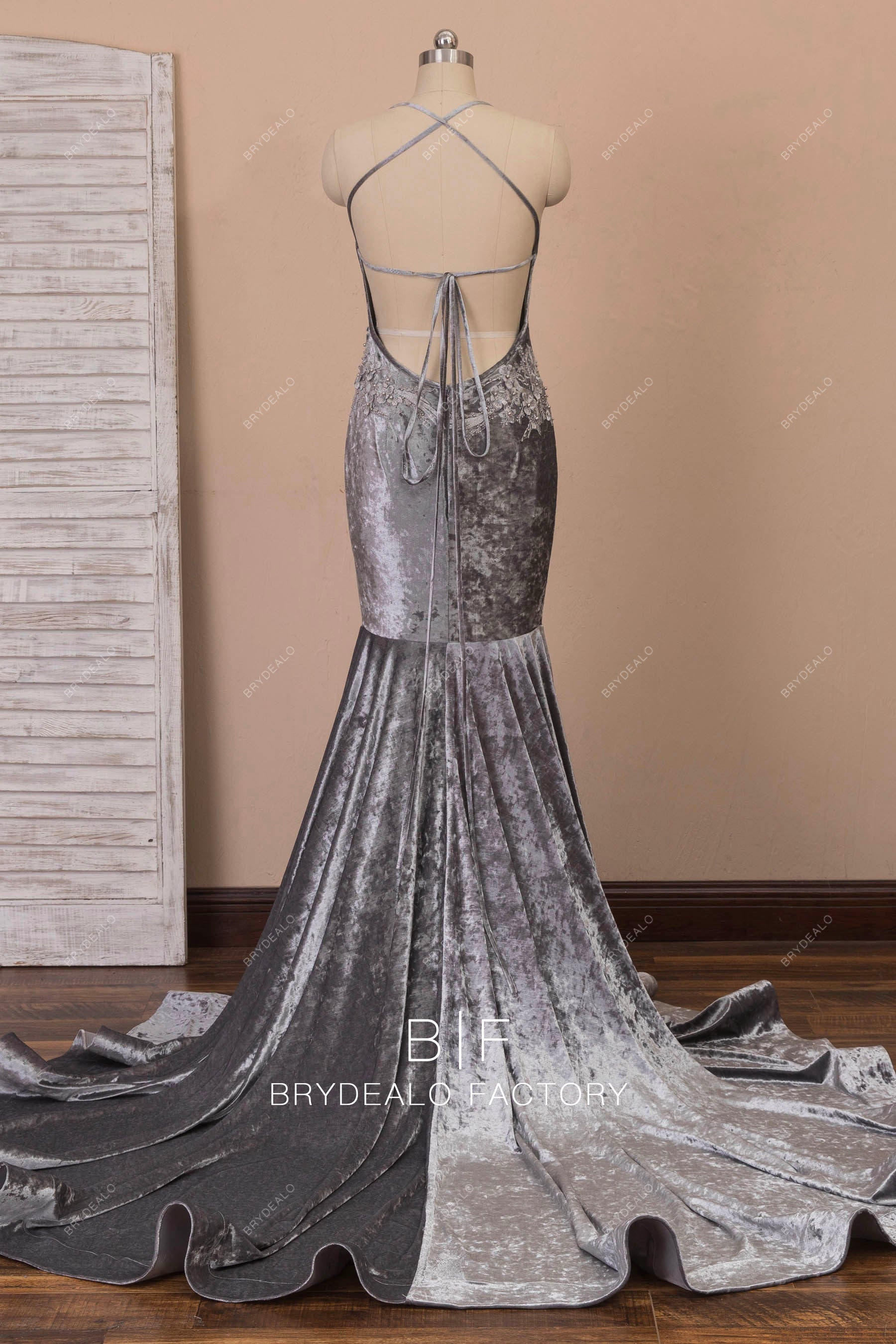Crystal Velvet Flower Plunging Halter Mermaid Prom Evening Dress