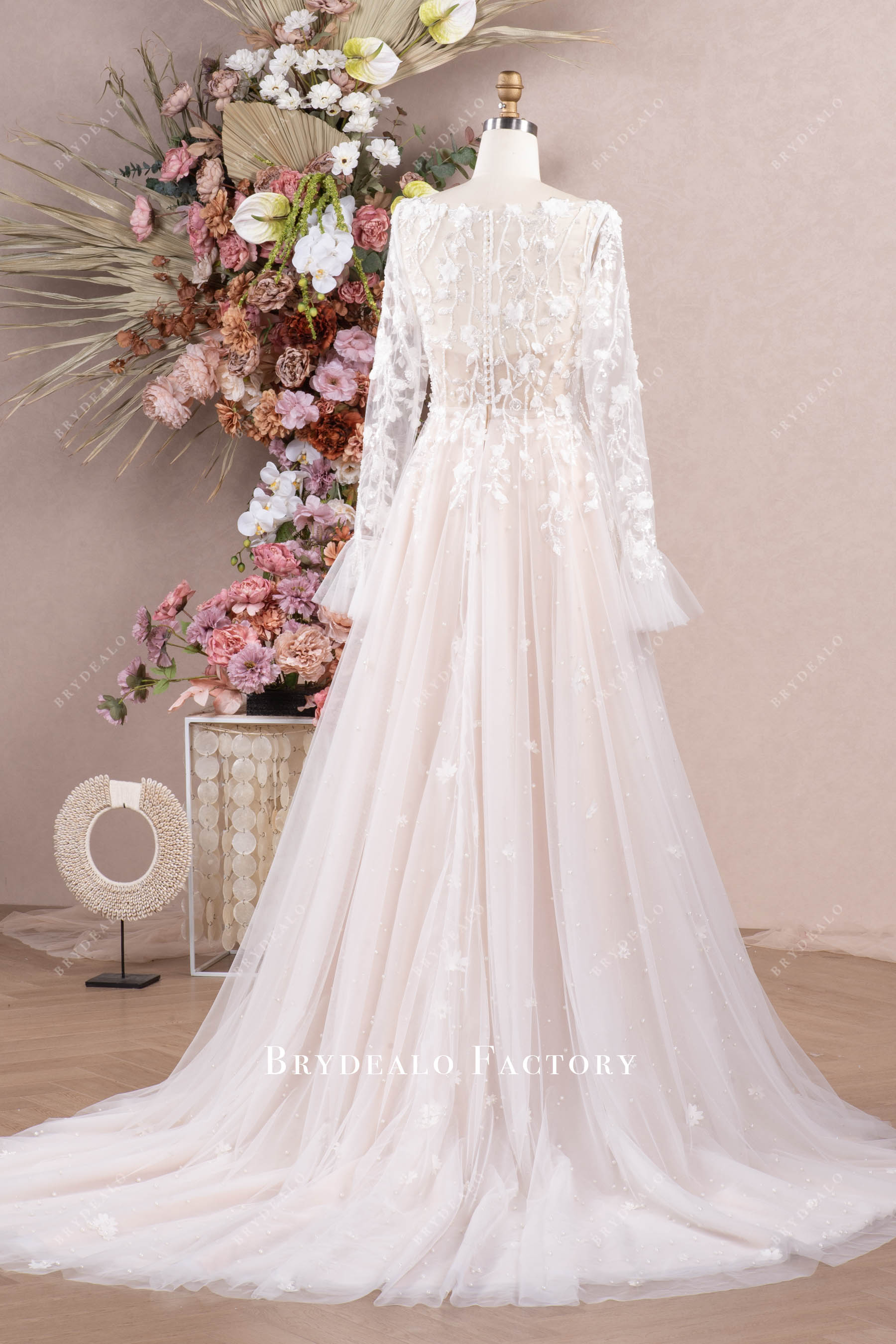 crystal buttoned back long wedding dress