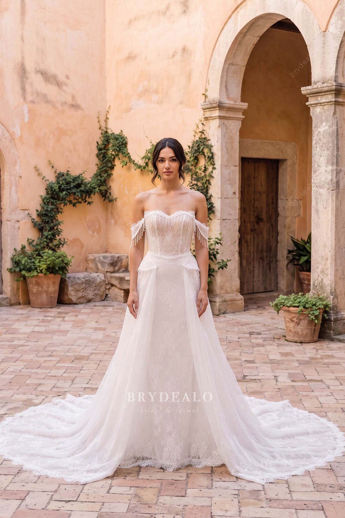crystal tassel off-shoulder wedding dress