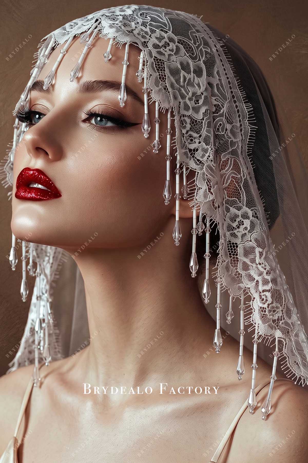 crystals tassel eyelash lace bridal veil