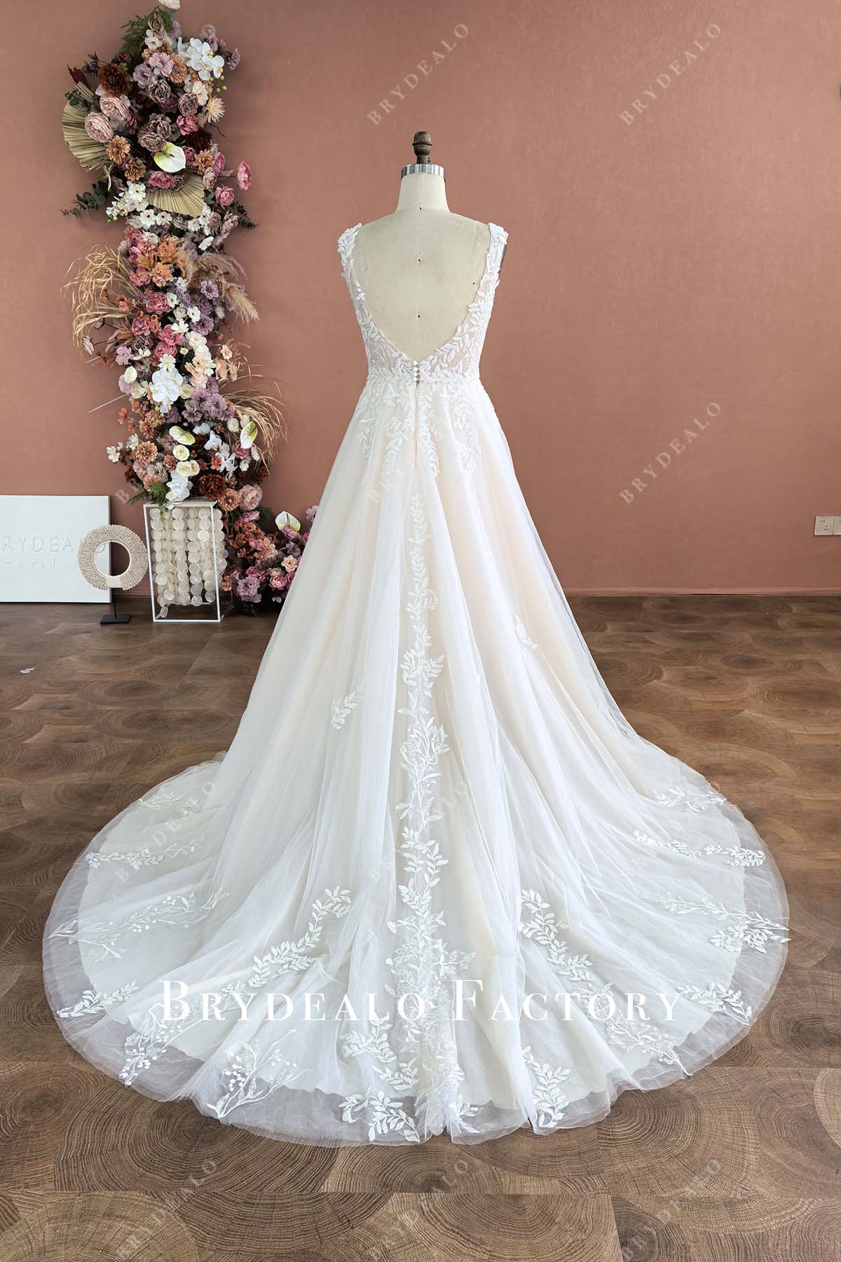 custom A-line court train lace wedding dress
