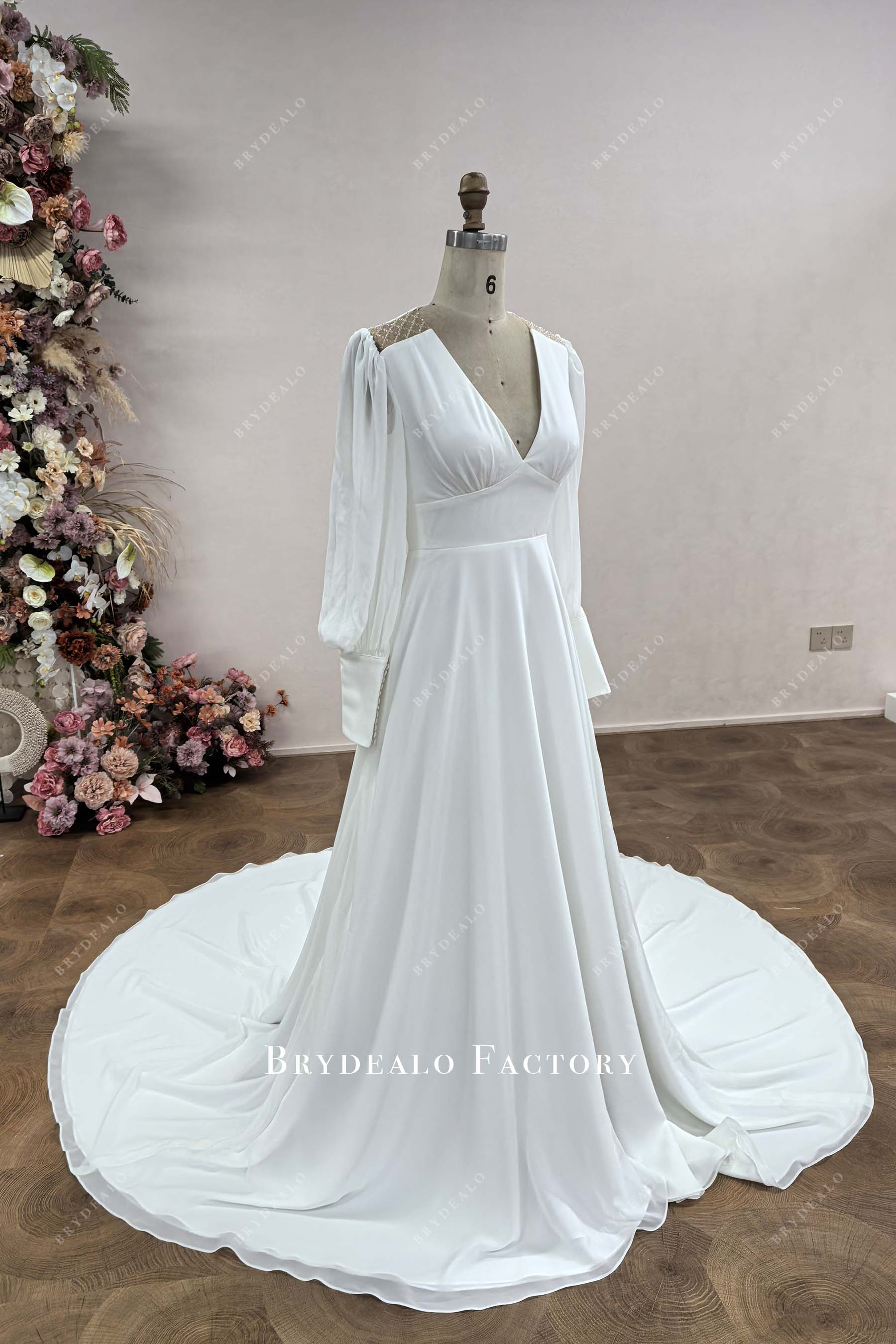 custom bishop sleeve crepe chiffon wedding dress