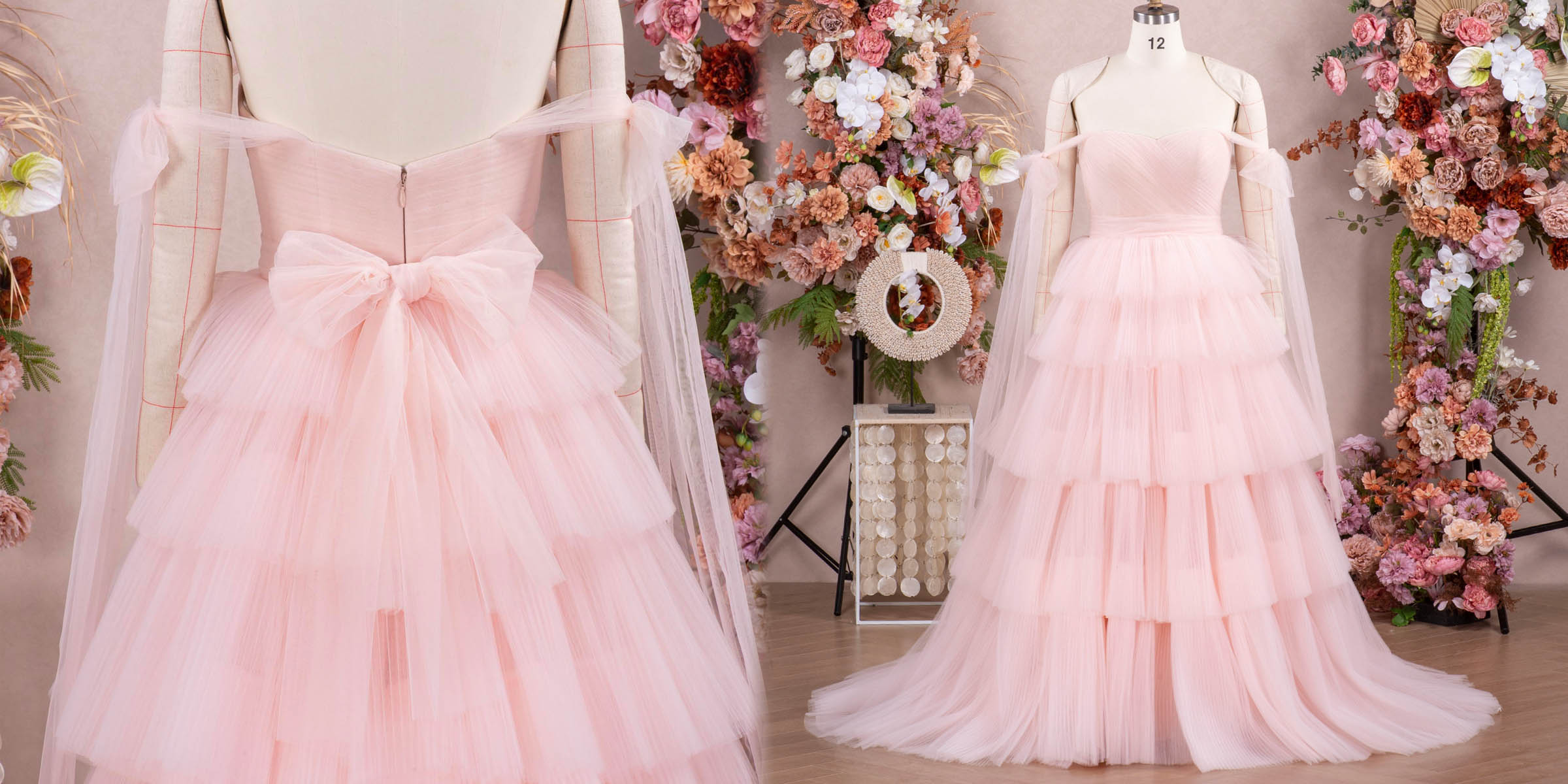 custom blushing tiered tulle wedding gown