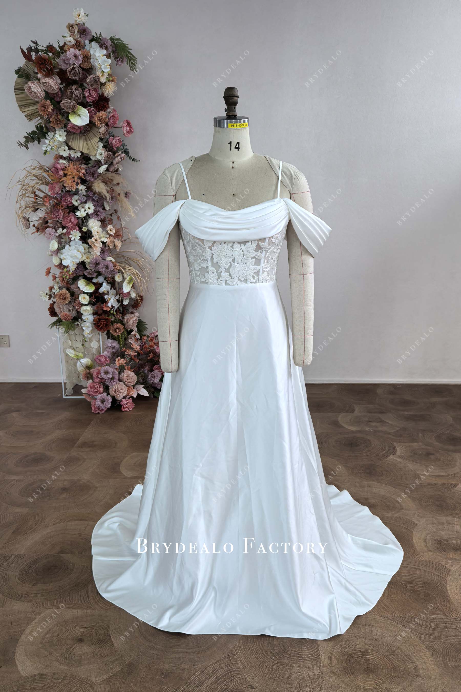 custom cold shoulder lace corset satin wedding dress