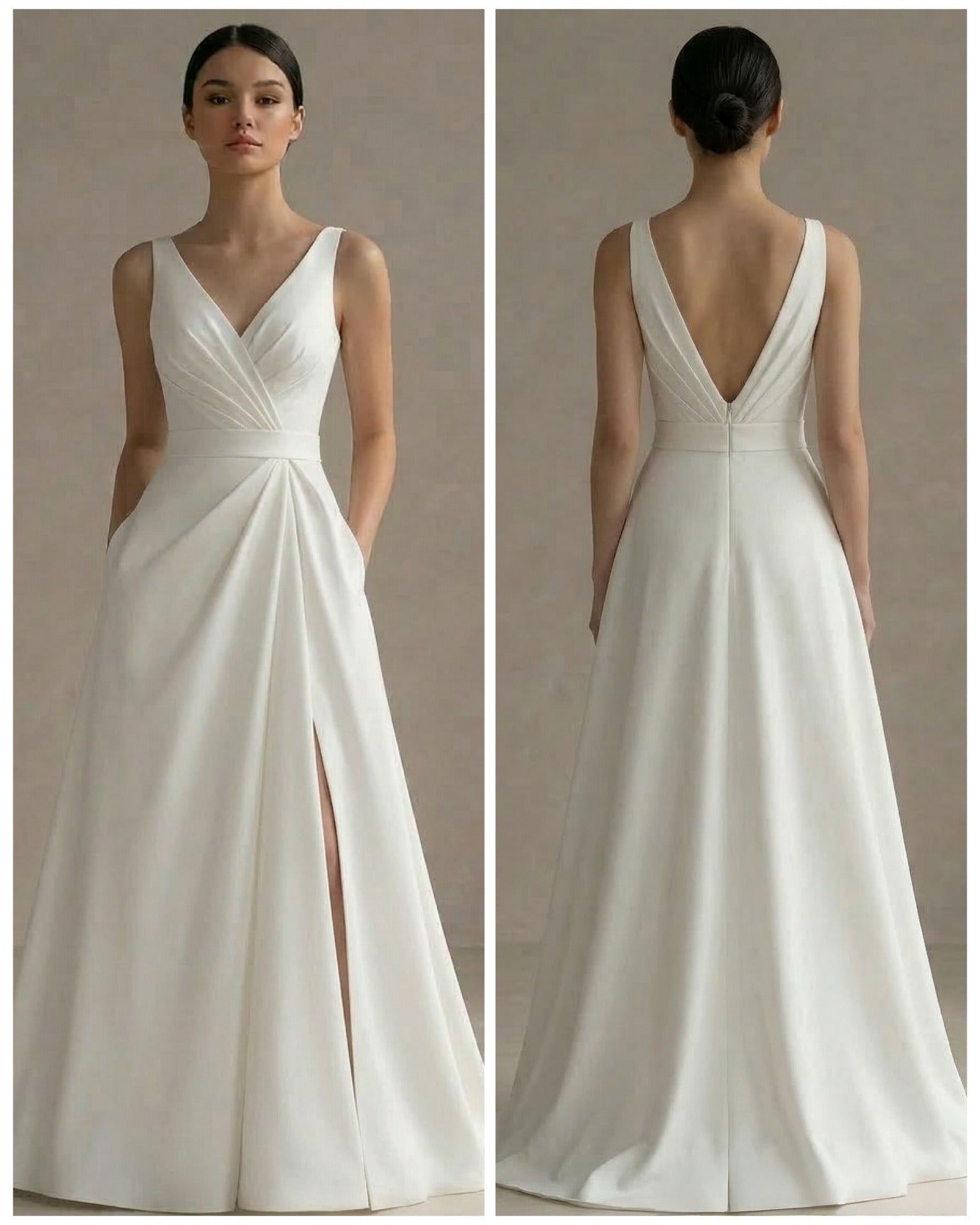 Custom Crepe V-neck Slit Wedding Dress