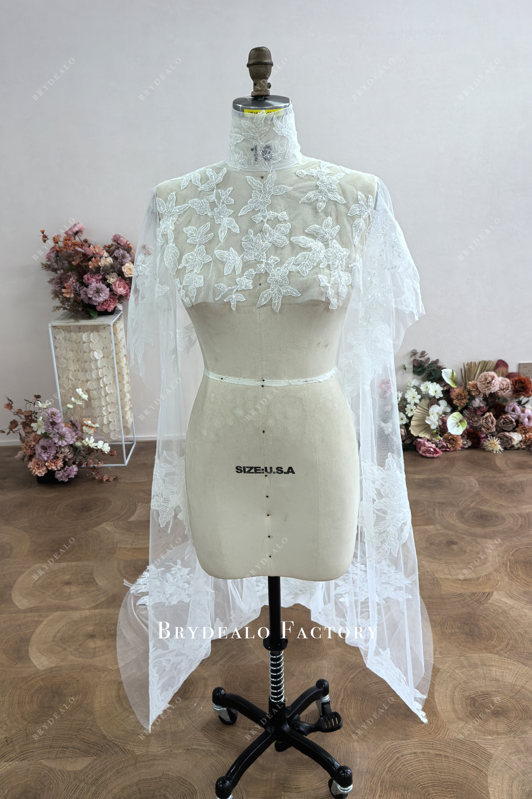 custom high-low lace bridal cape