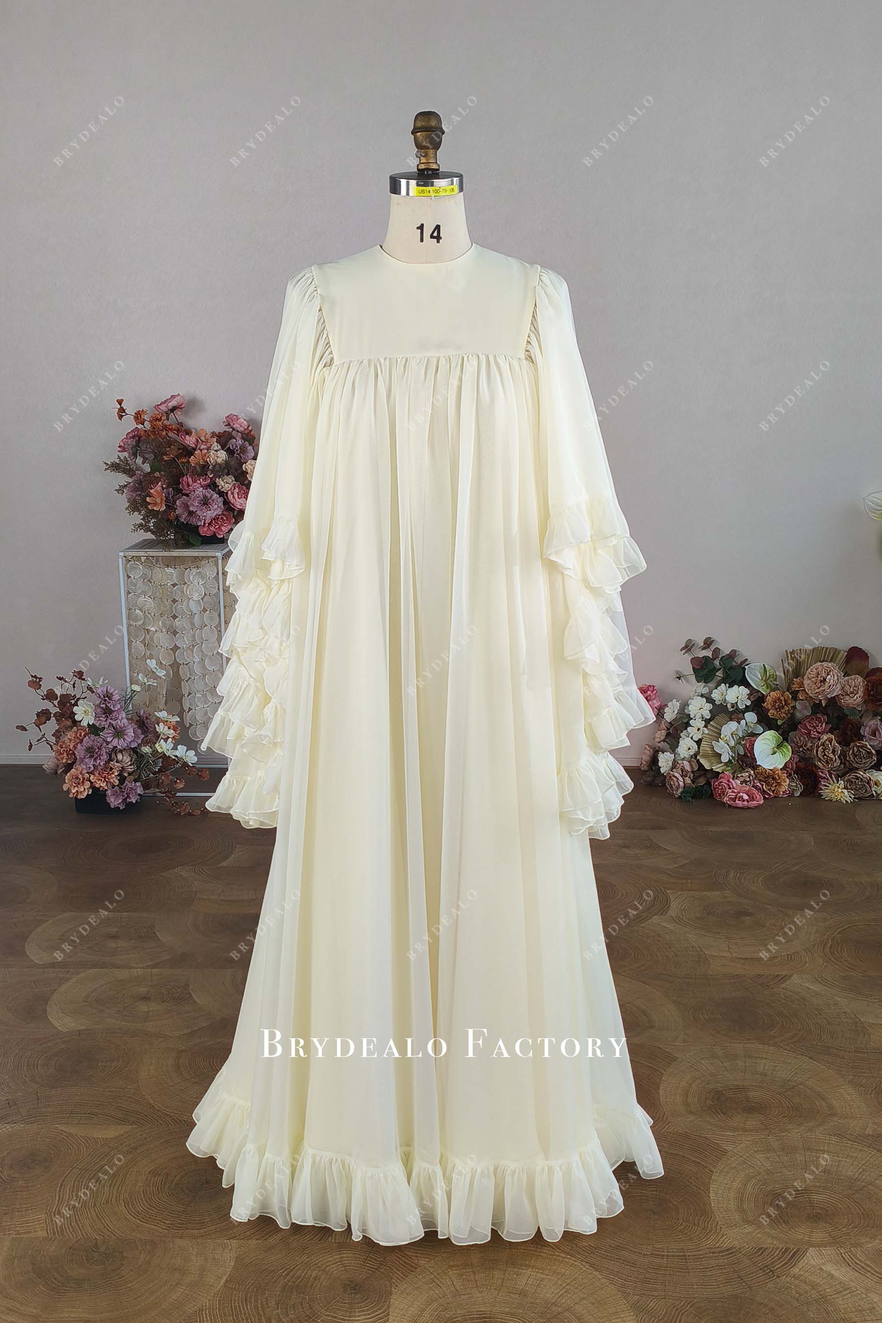 Custom Ivory Chiffon Flutter Sleeves Wedding Dress
