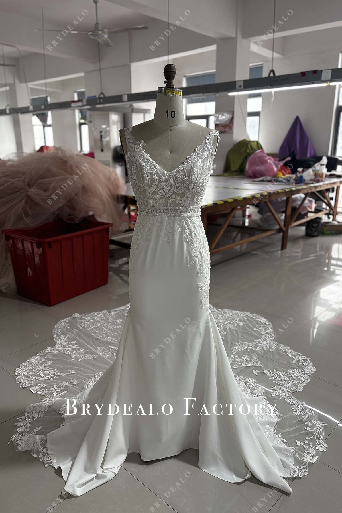 custom lace V neck wedding dress