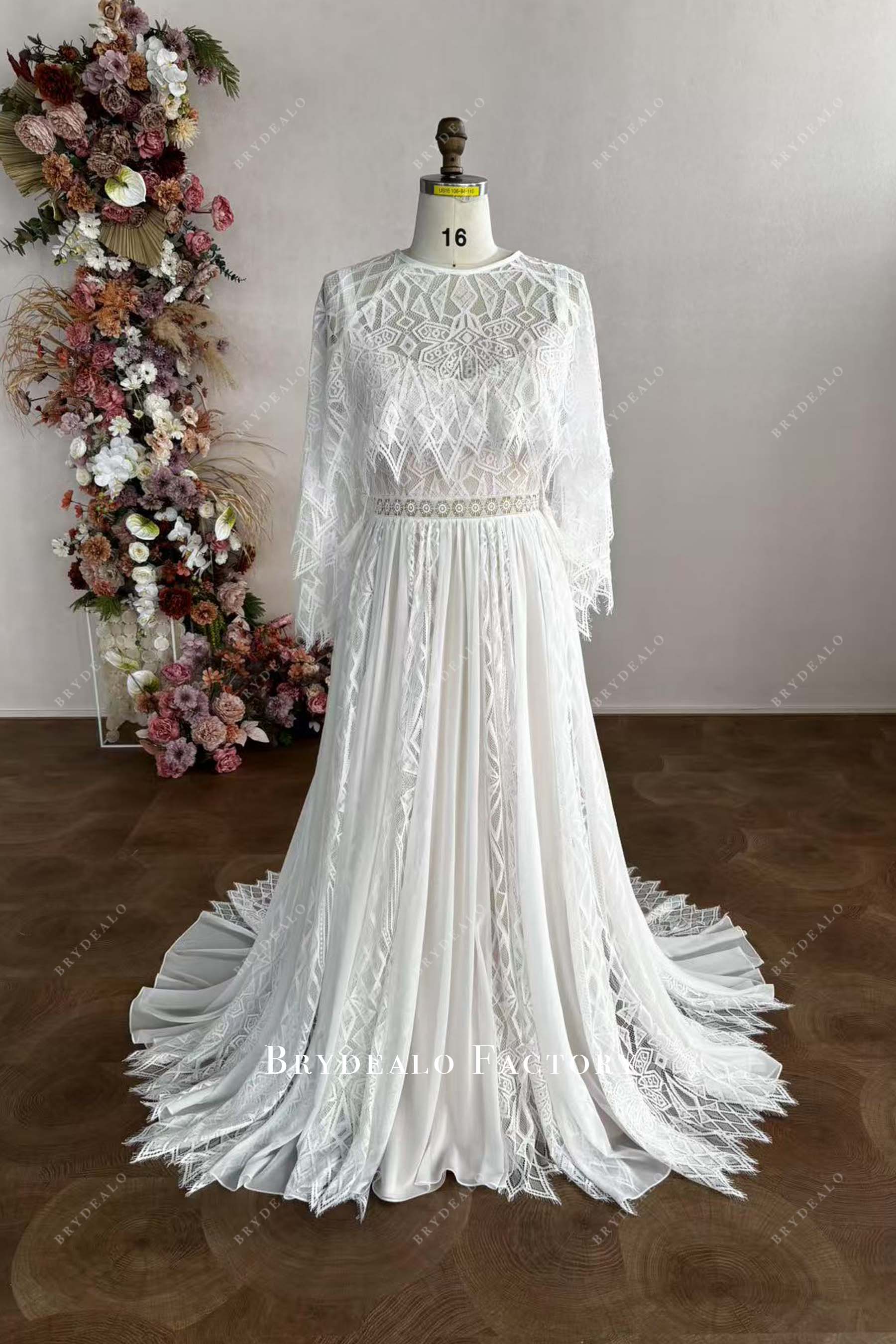 custom lace cape A-line wedding dress