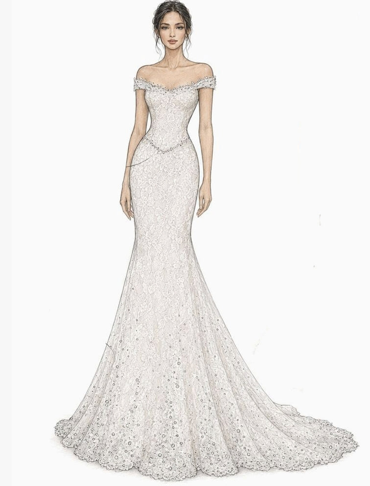 Custom Rhinestones Scattered Lace Mermaid Wedding Dress