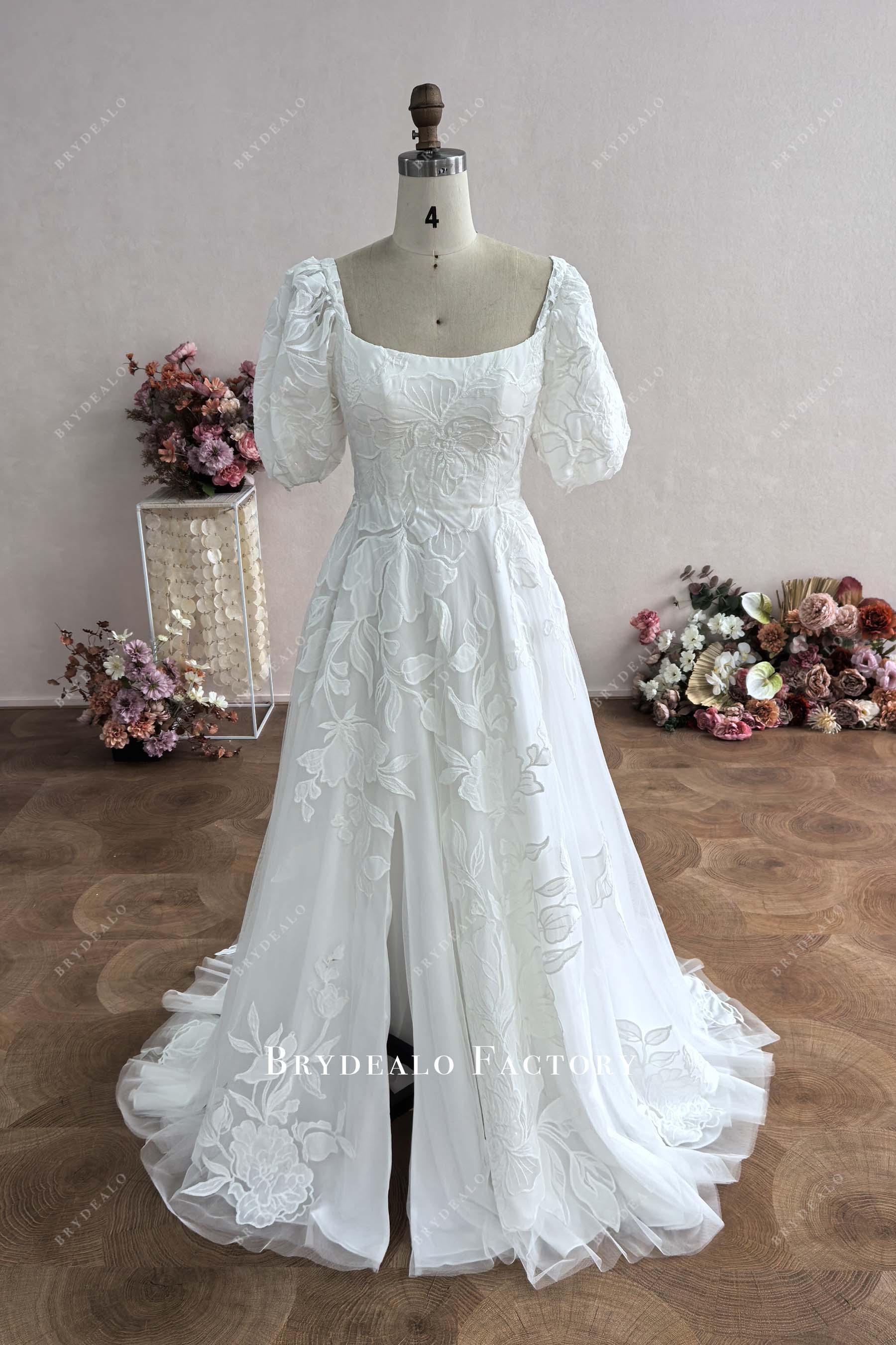 custom lace square neck slit wedding dress