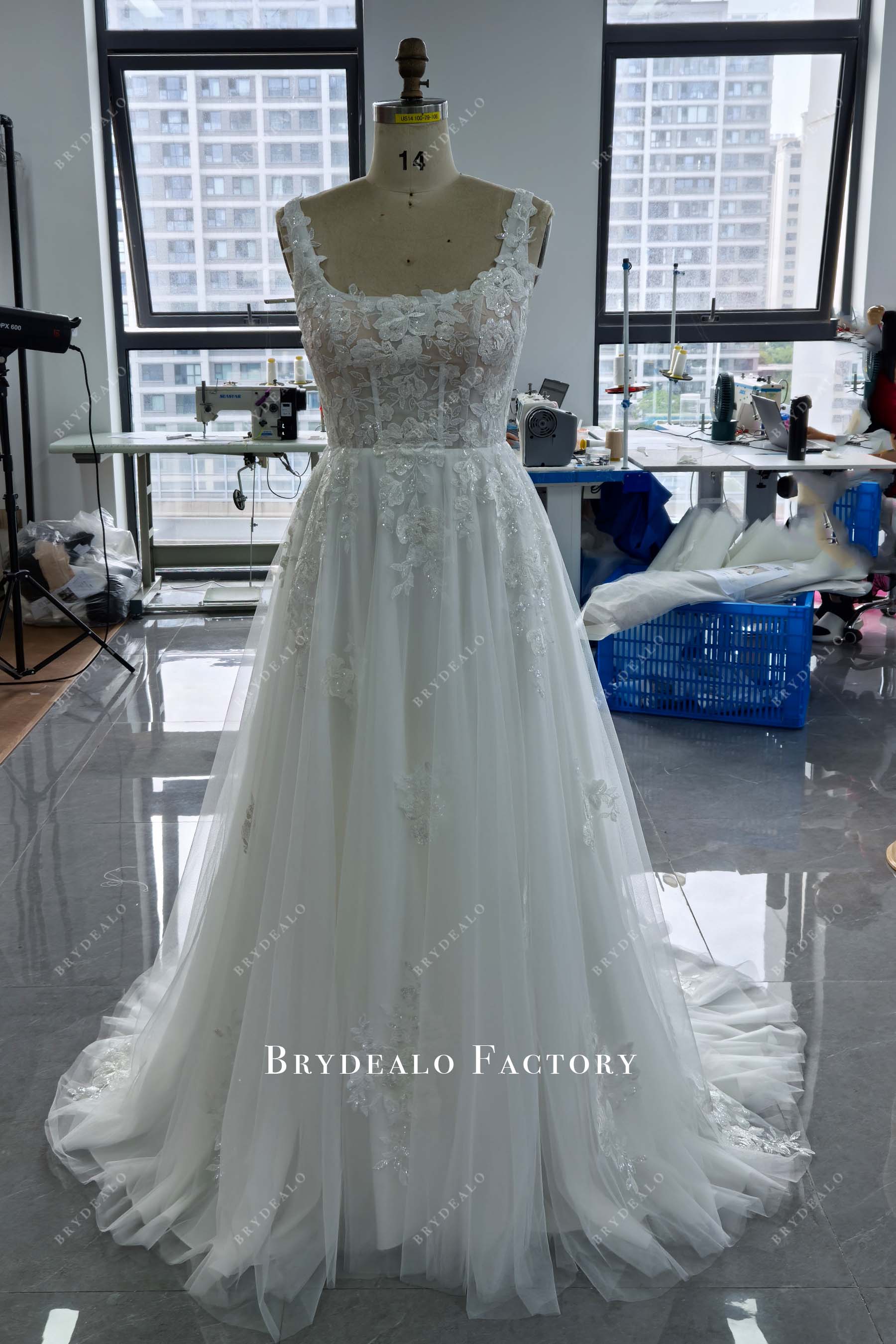 custom lace modern square neck wedding dress