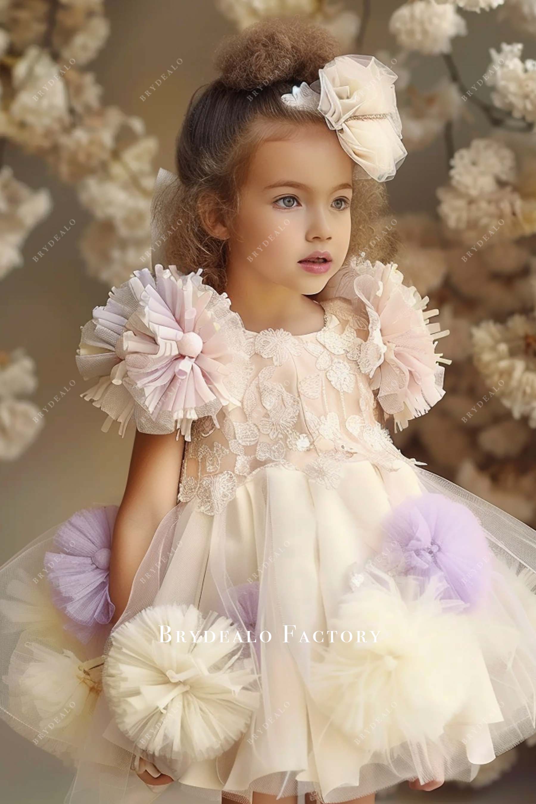Multi Color 3D Flowers Pretty Lace Toddler Girl Dress