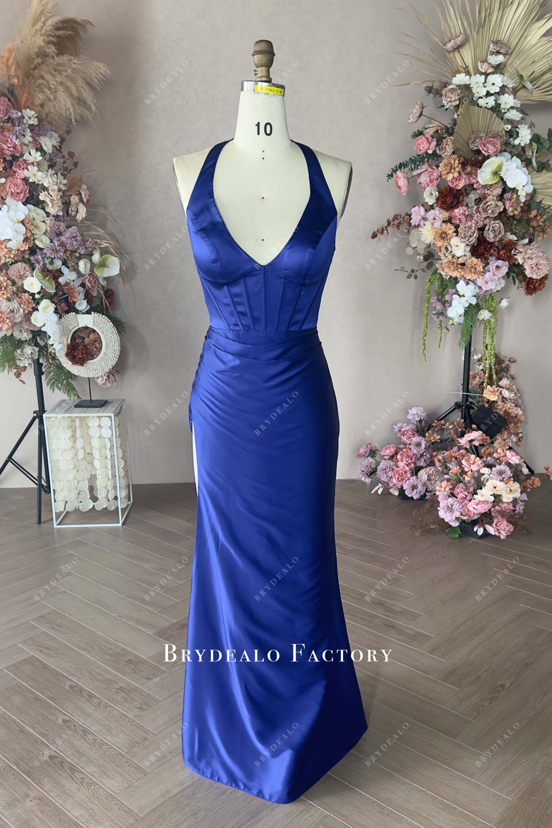 custom navy silk satin prom dress