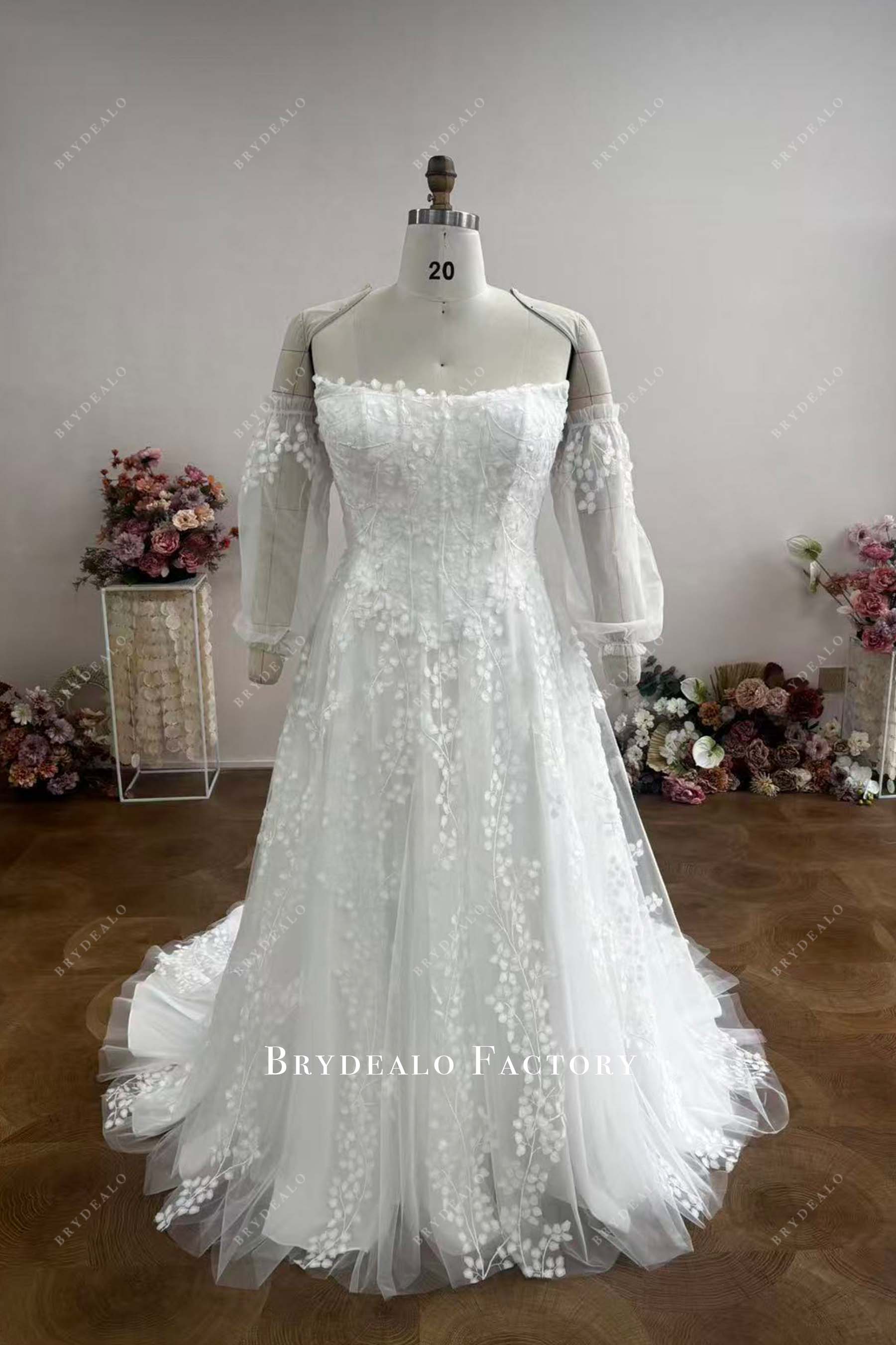 Custom Off Shoulder Long Sleeve Lace Plus Size Wedding Dress