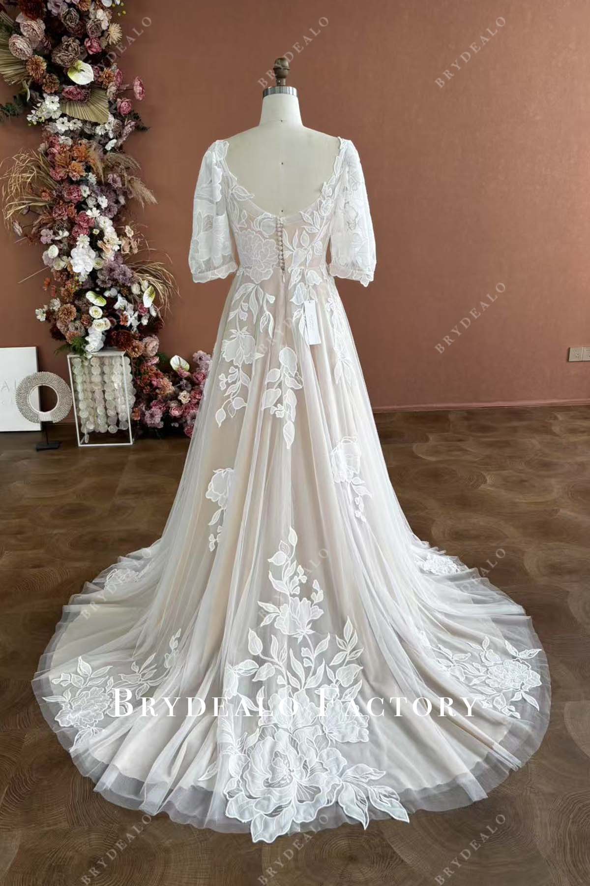 custom open back court train bridal dress