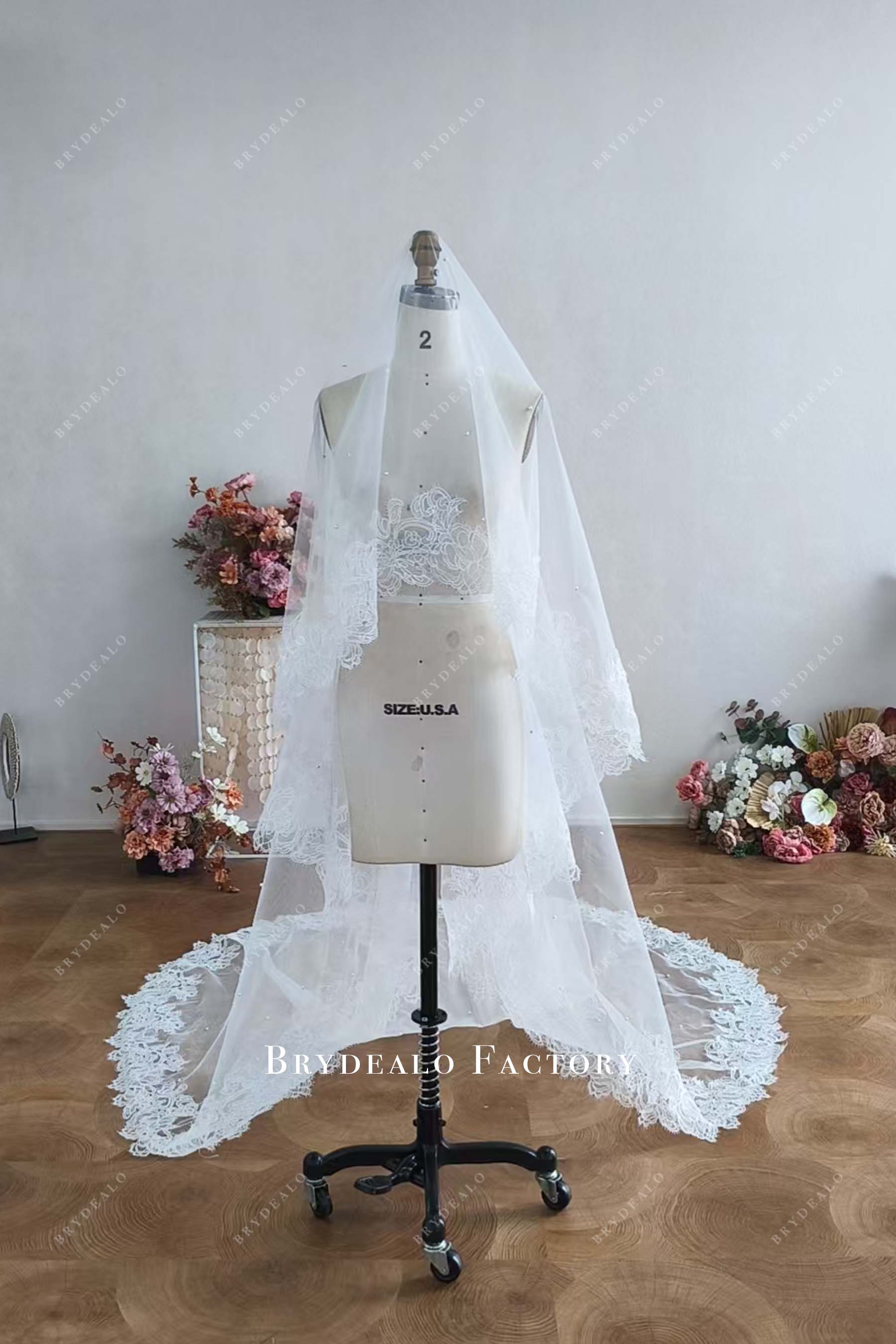 custom pearls single tier long train bridal veil