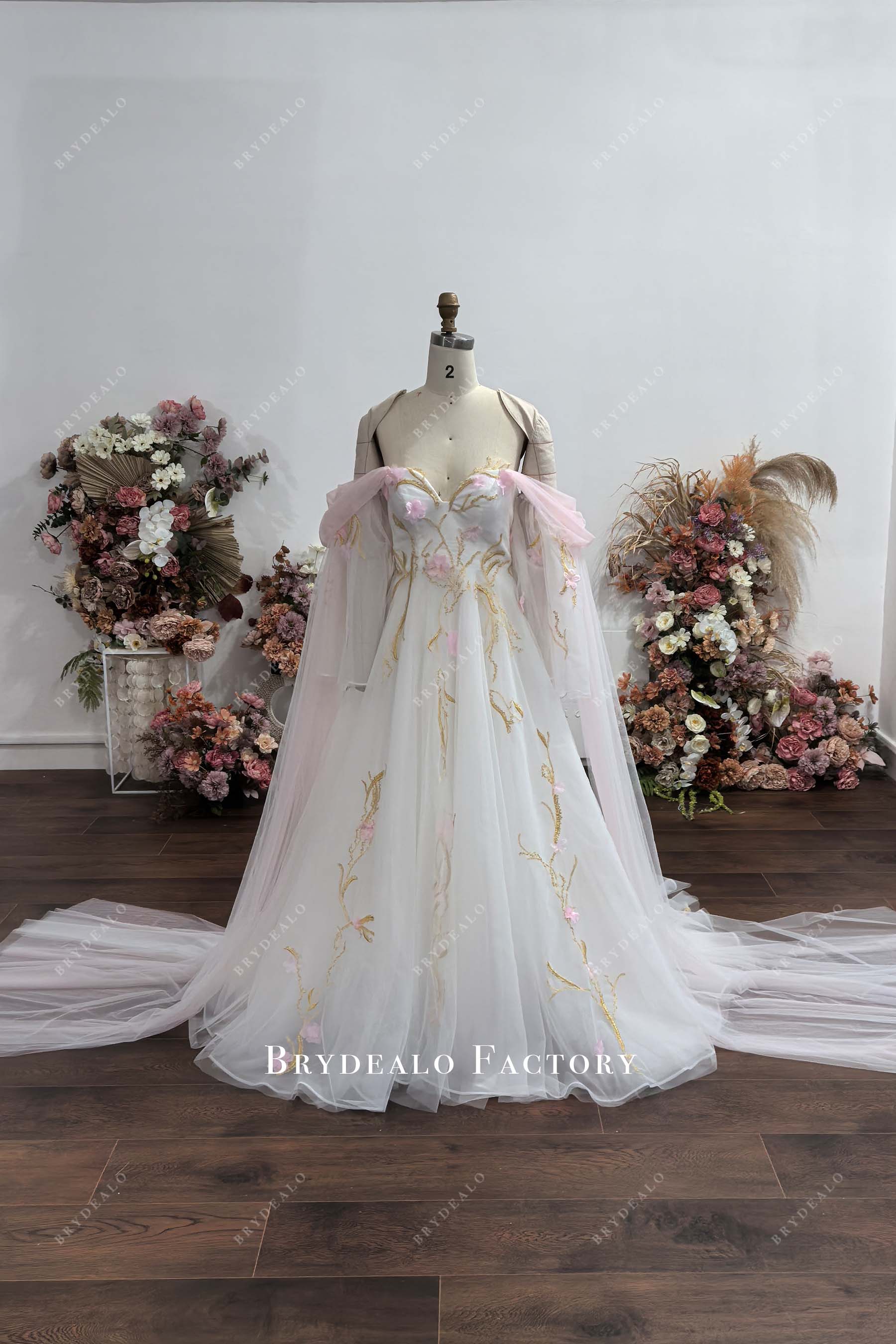 Custom Pink Petal Gold Lace Off Shoulder Wedding Dress