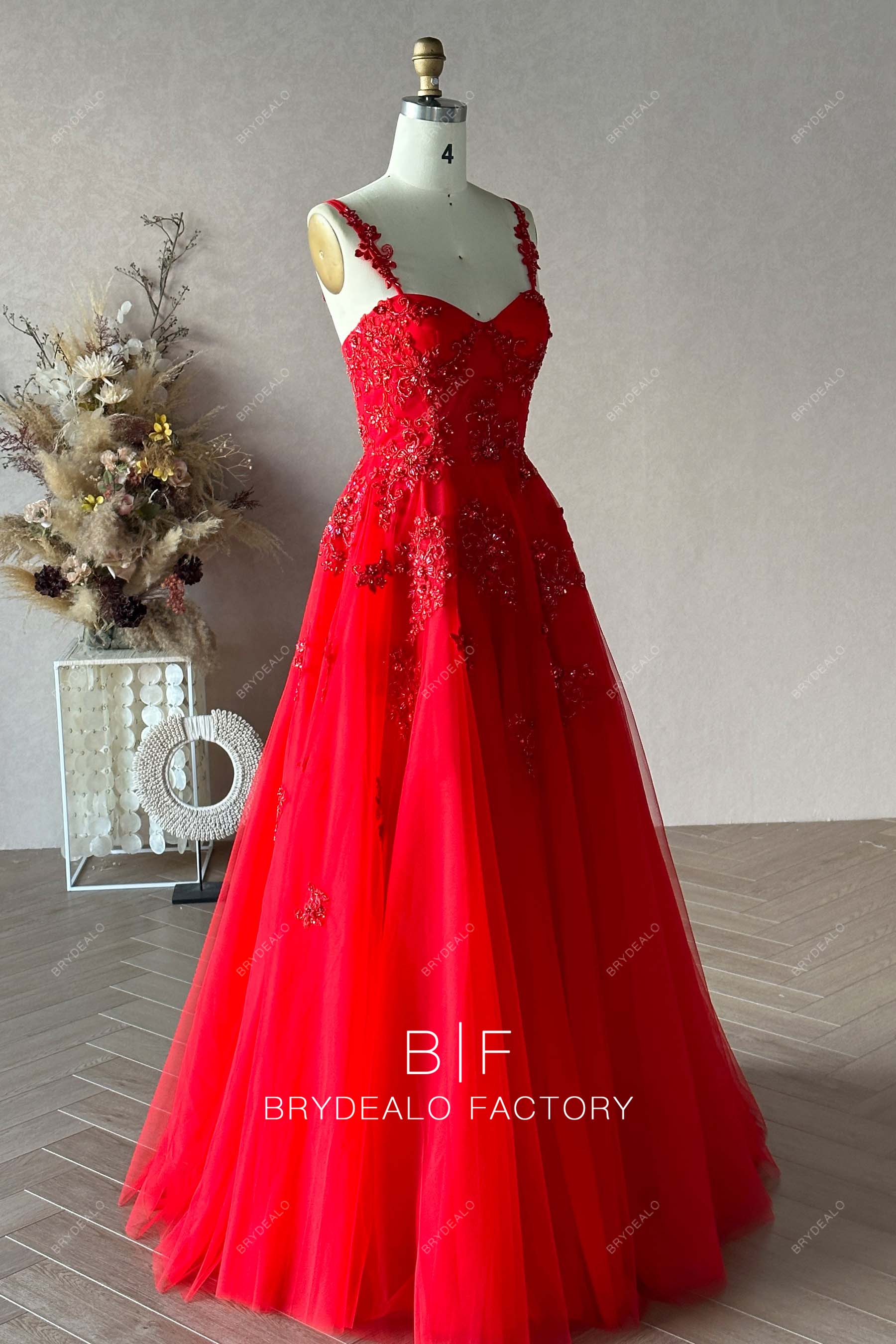 Private Label Red Beaded Lace Floor Length A-line Dress