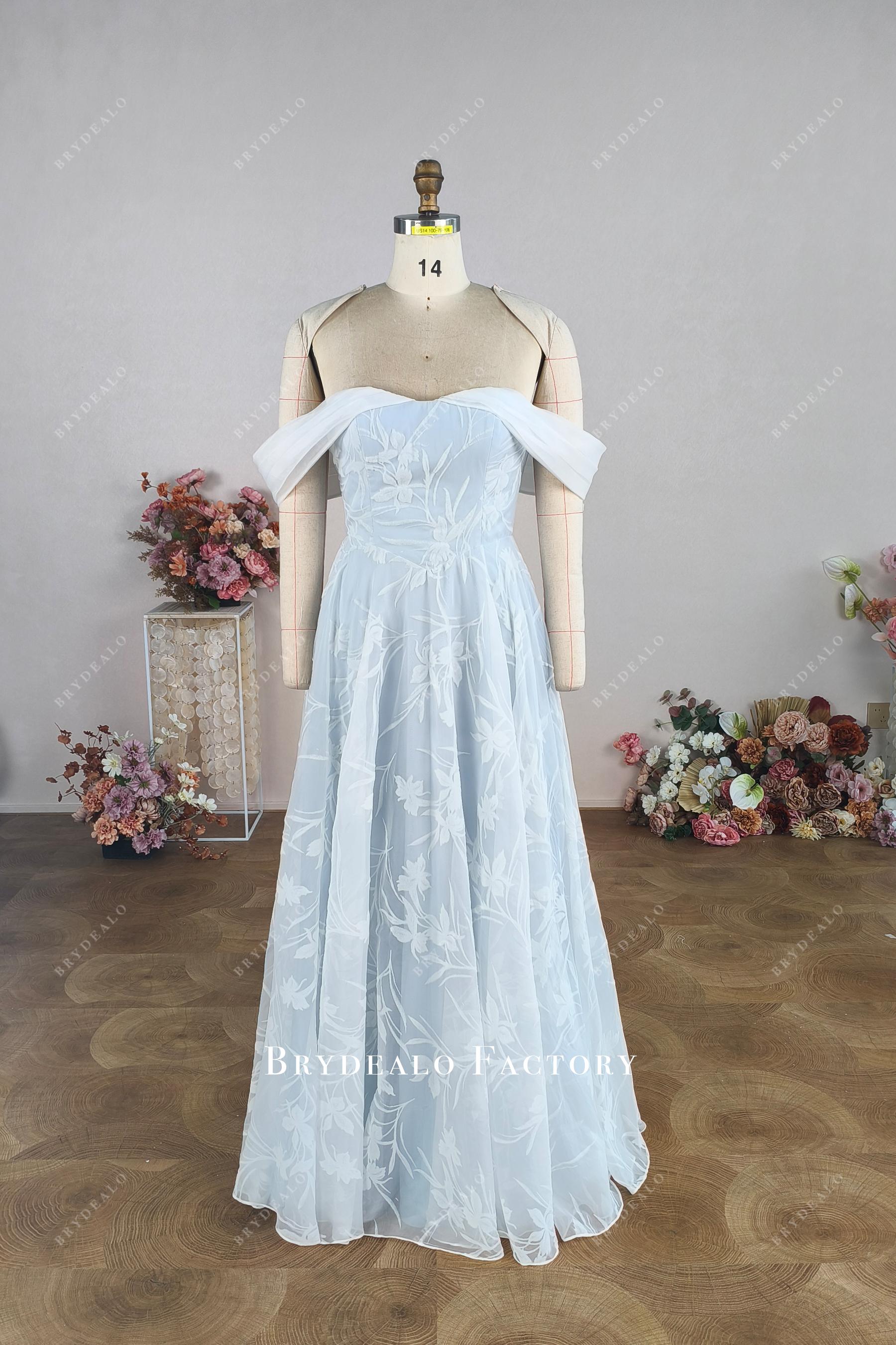 Custom Off Shoulder Sky Blue Wedding Dress.


