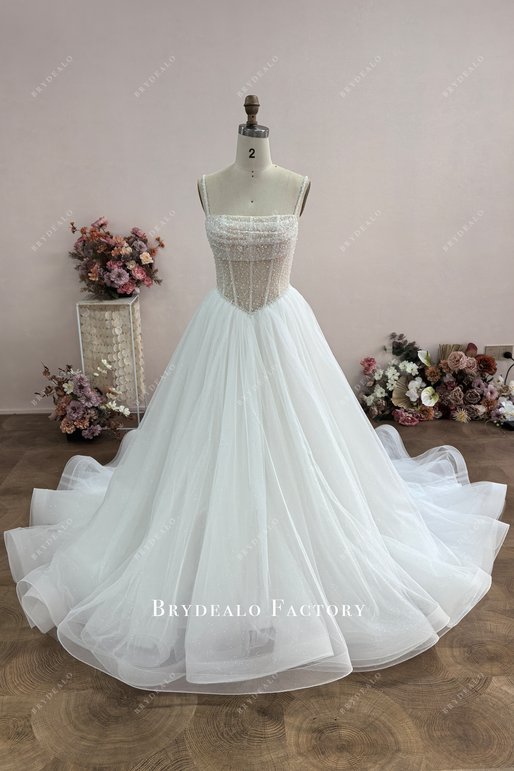 custom spaghetti straps sparkly wedding dress