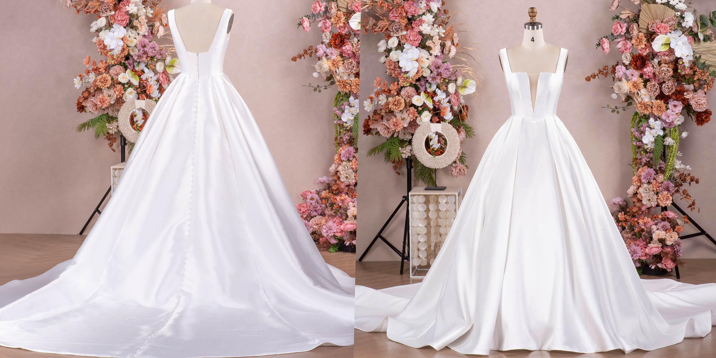 custom straps V-cut neck mikado wedding dress