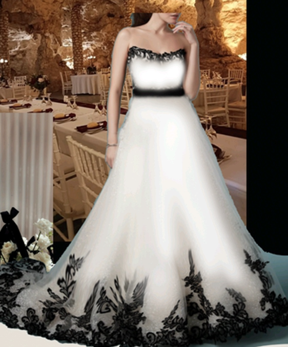 Custom Bleach White Strapless Black Lace Wedding Dress