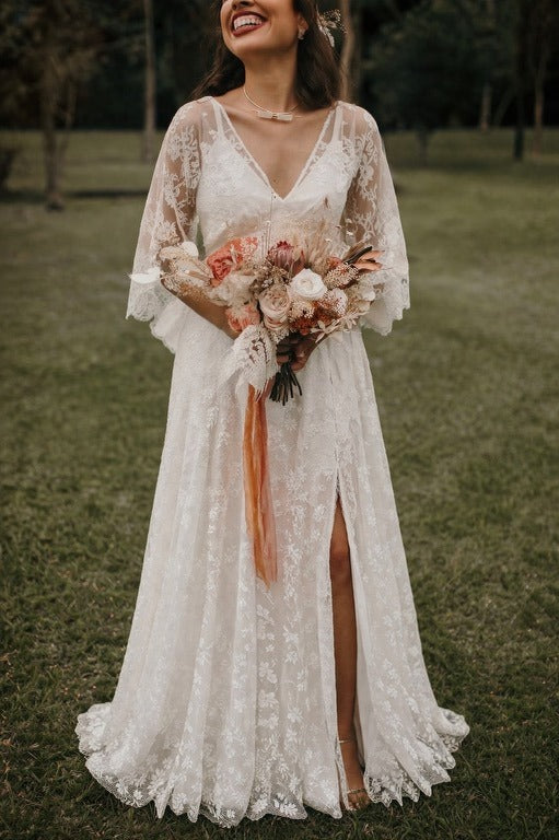 Custom Lace Flutter Sleeves A-line Boho Wedding Dress