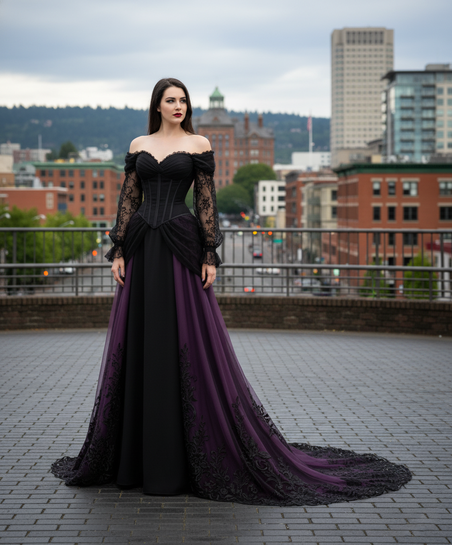 Custom Off Shoulder Black Purple Wedding Dress